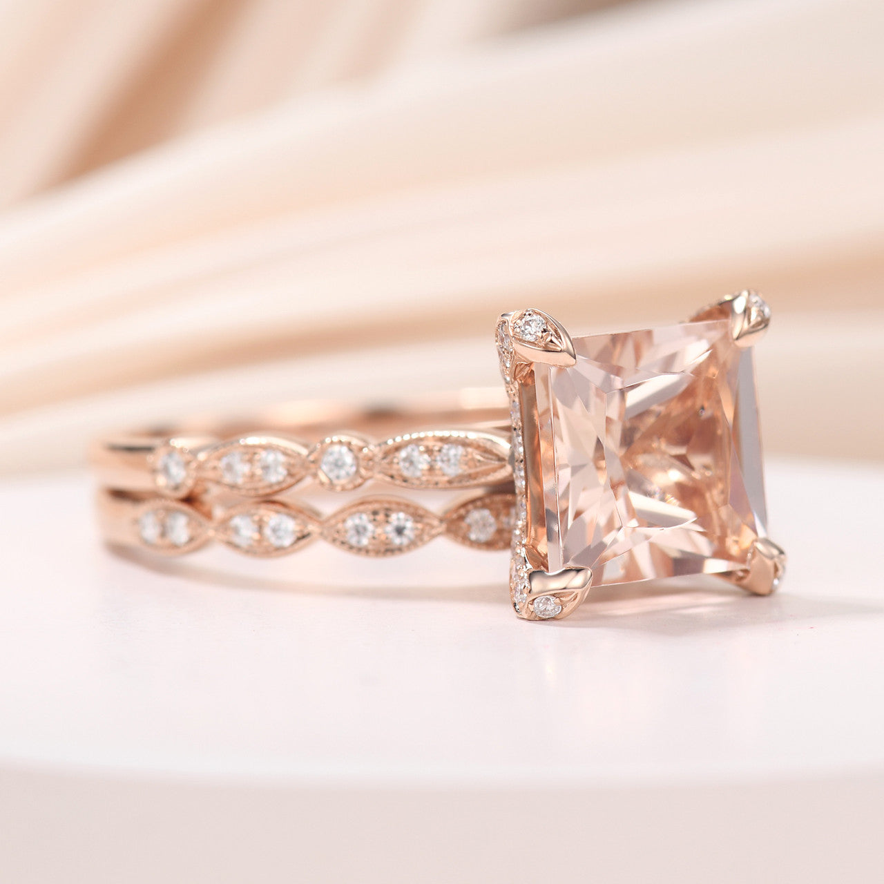 14K Rose Gold Princess Cut Morganite Hidden Diamond Halo Wedding Ring Set - Elegant Bridal Jewelry for Engagement, Proposal & Anniversary Gifts