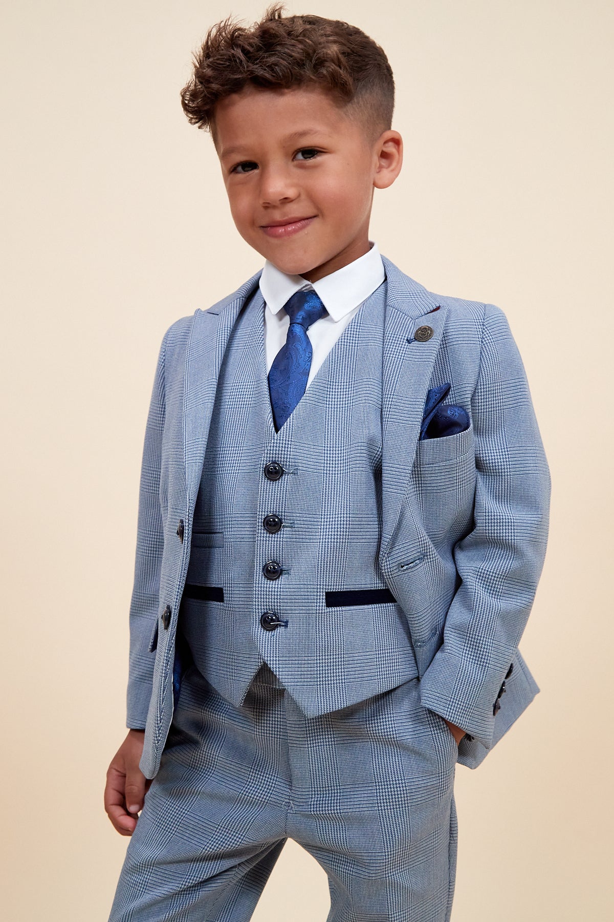 BROMLEY Kids' Sky Blue Check Print 3-Piece Suit for Boys - Formal Wear for Weddings, Parties & Special Occasions