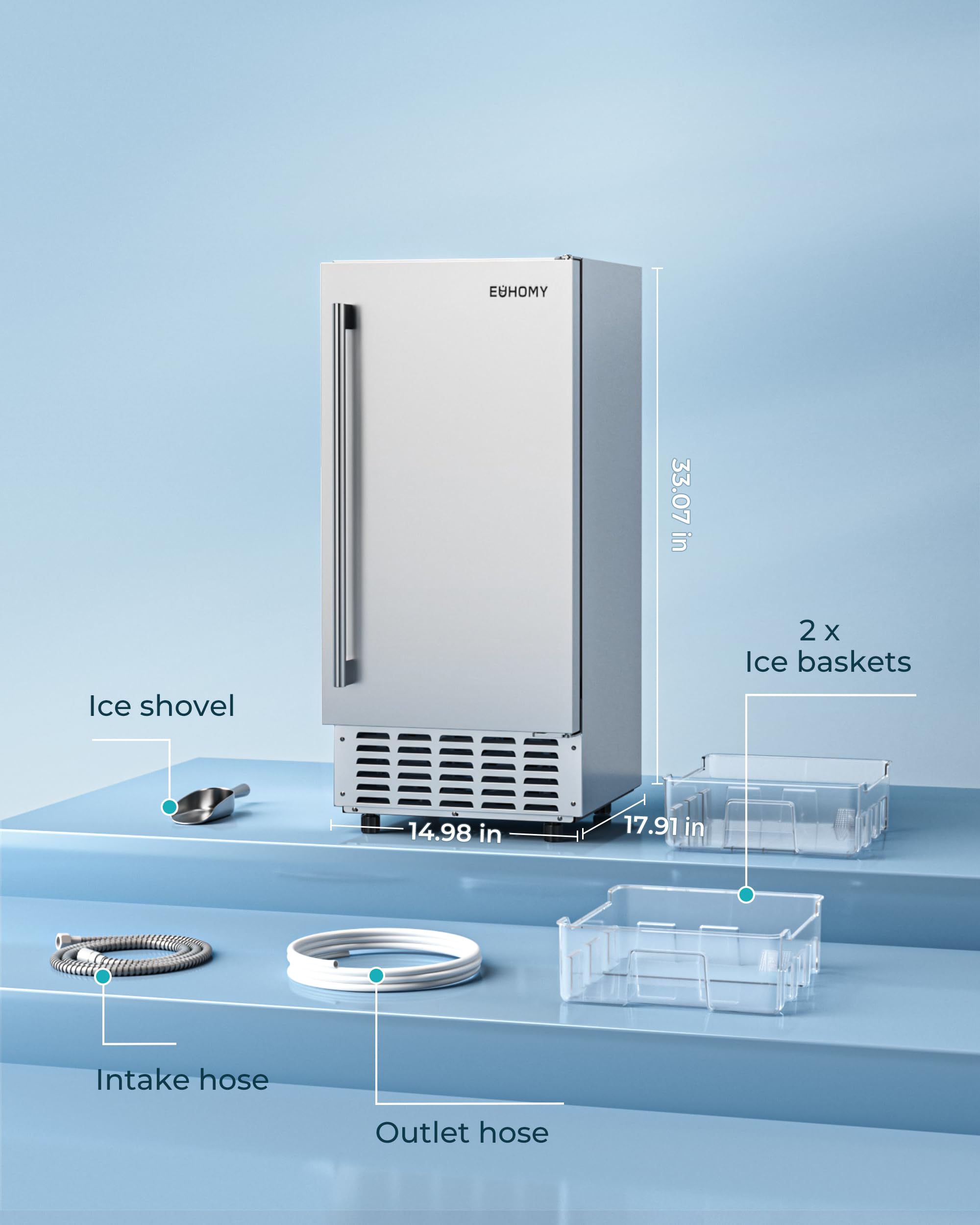 EUHOMY 66Lbs/Day Commercial Under Counter Nugget Ice Maker Machine - Built-in Freestanding with Gravity Drainage, Self-Cleaning & 24H Timer - Perfect for Restaurants, Bars, Home Kitchens & Offices (Silver)