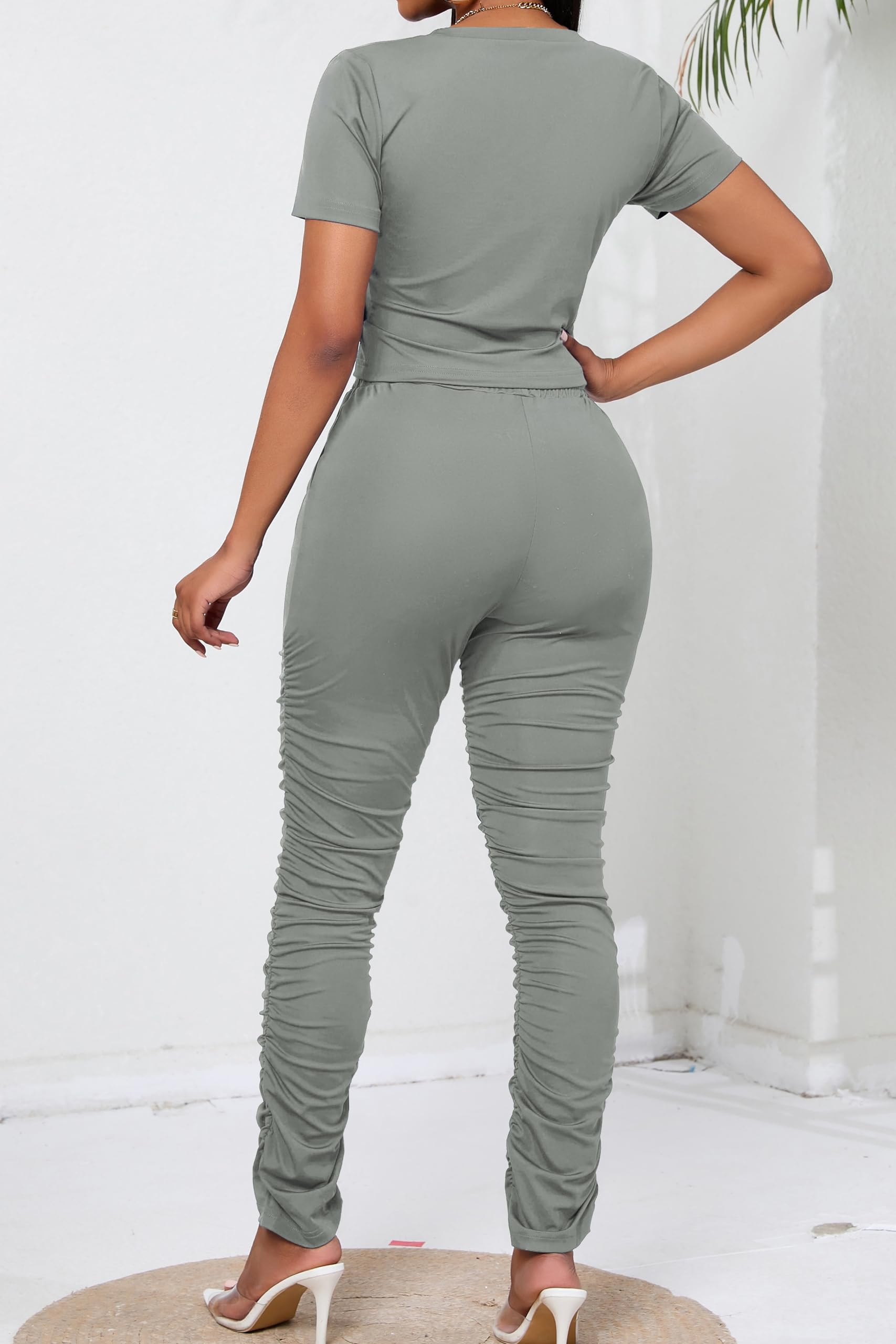 PINSV Women's 2 Piece Outfits - Summer Lounge Wear & Workout Sets, Short Sleeve Bodycon Jogger Set in Grey, Size M | Perfect for Yoga, Gym, Running & Casual Wear