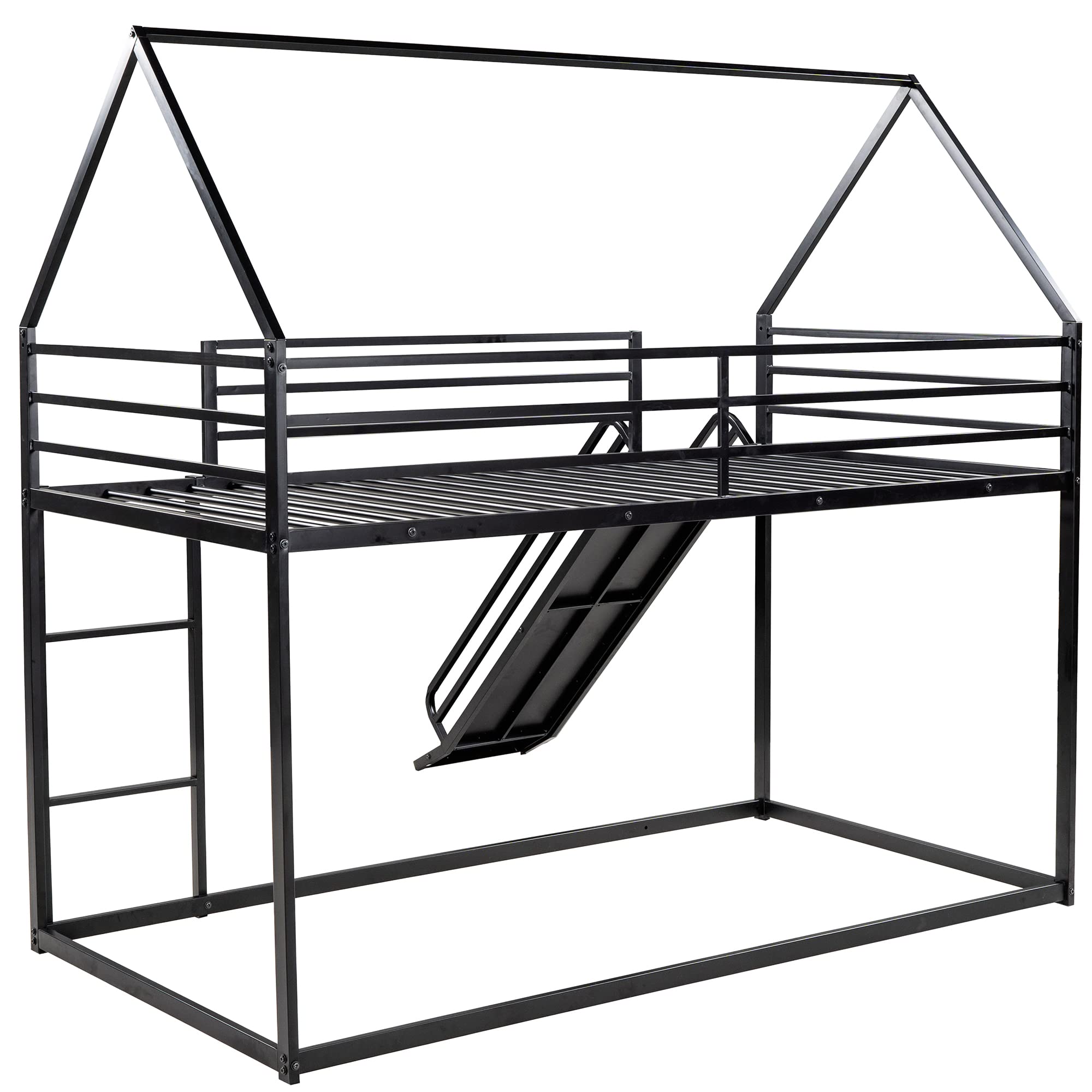 **Metal Bunk Beds with Slide for Kids - Twin Over Twin House Bunk Bed with Roof & Built-in Ladder - Space-Saving Loft Bed for Boys, Girls & Toddlers - Perfect for Small Bedrooms, Playrooms & Sleepovers (Black)**