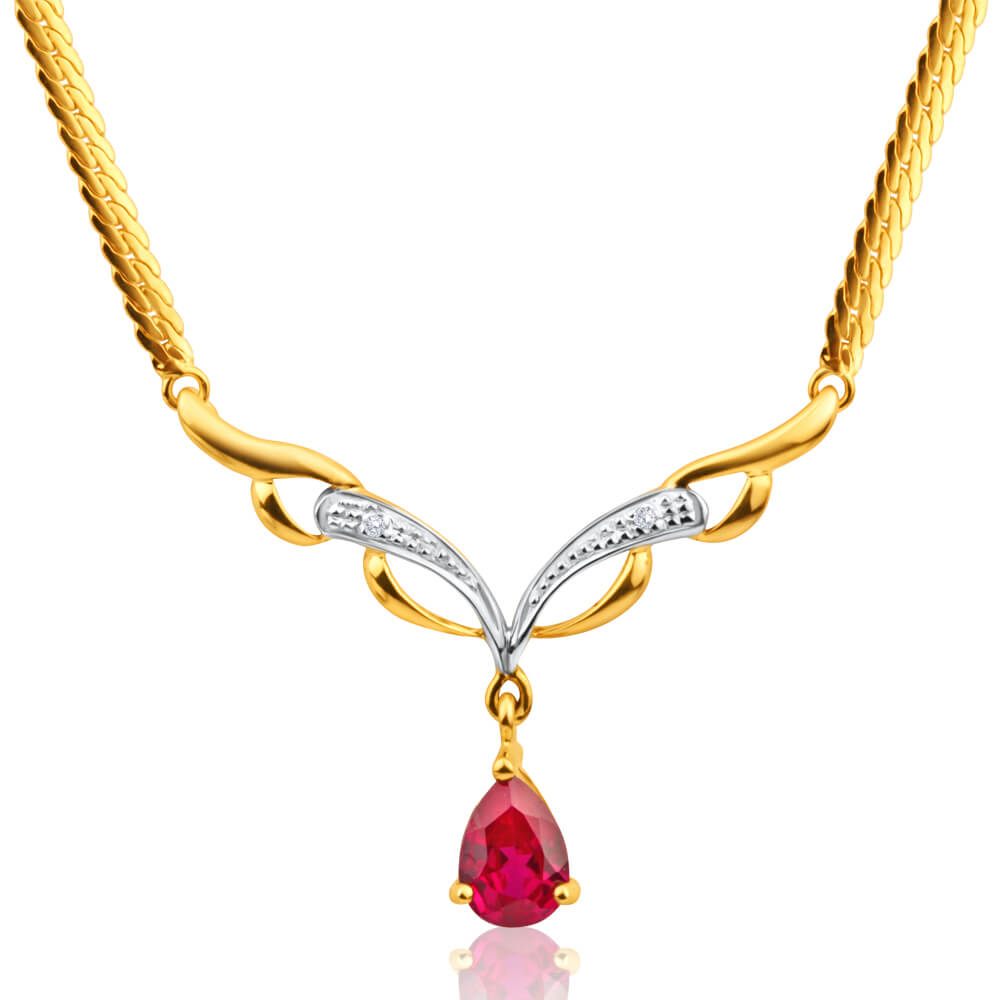 9ct Elegant Yellow Gold Created Ruby & Diamond Chain - Perfect for Weddings, Anniversaries & Special Occasions