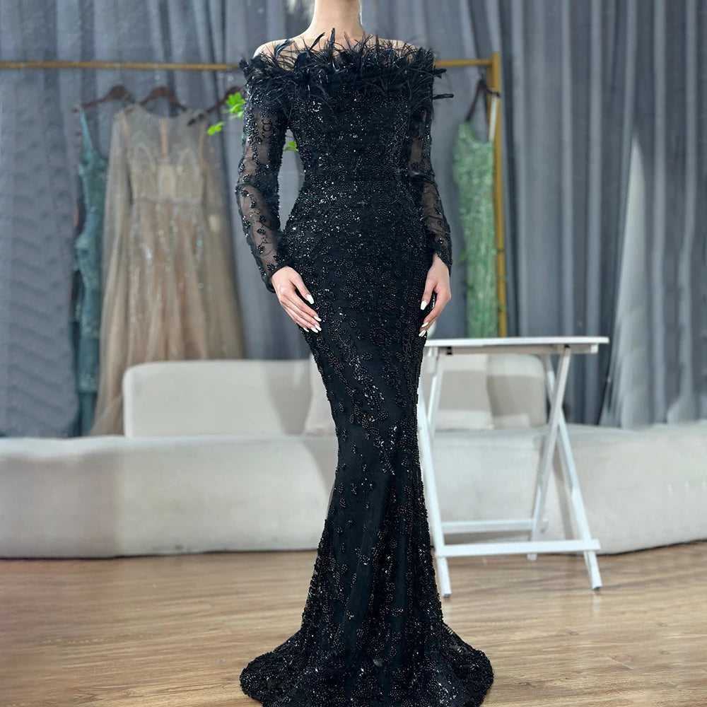 Luxury Dubai Green Boat Neck Mermaid Evening Dress with Elegant Feathers & Beading for Women - Perfect for Weddings, Parties & Special Occasions