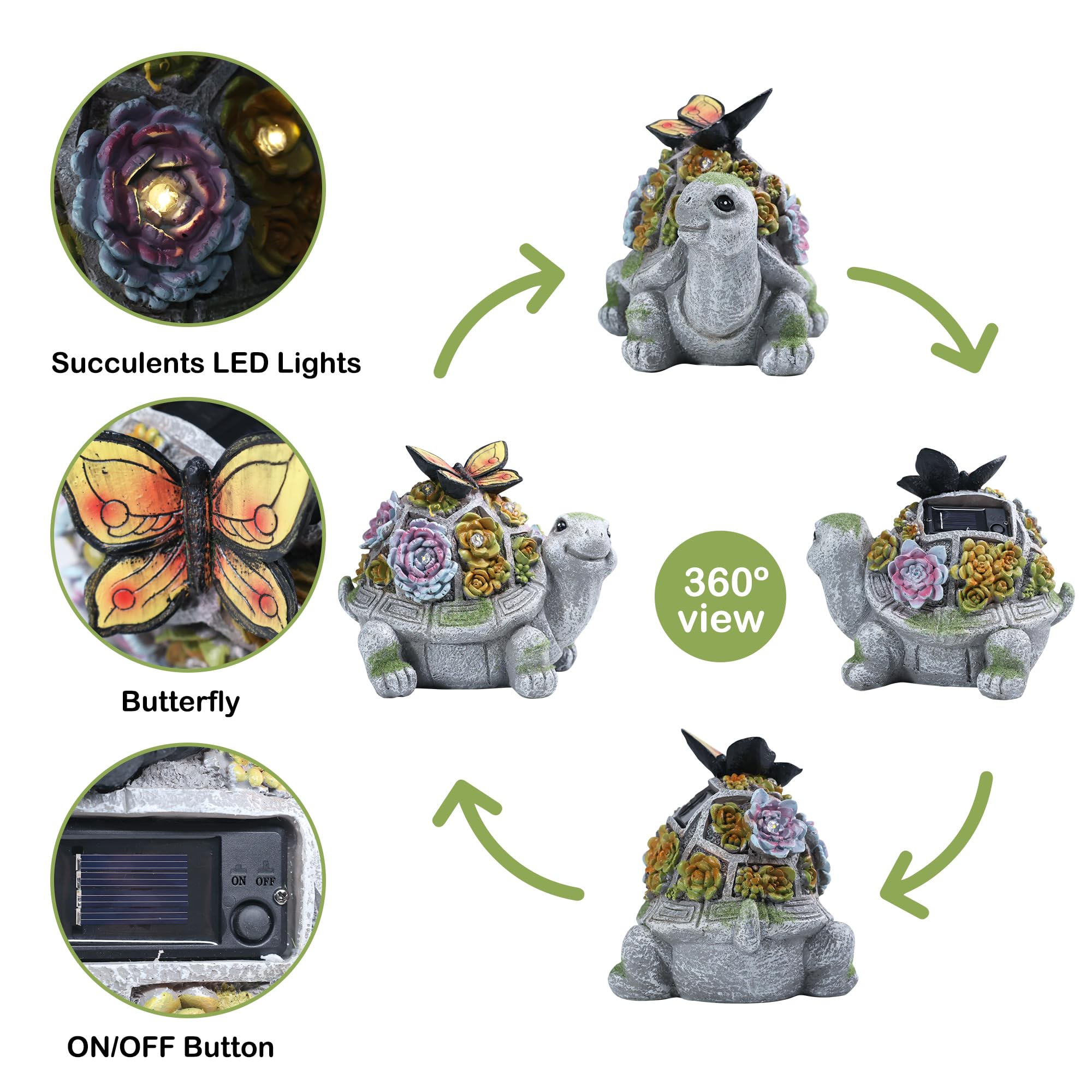 Turtle Solar Garden Statue with Succulent Planter & 7 LED Lights - Waterproof Outdoor Decor for Patio, Lawn, Balcony - Perfect Easter Gift for Women, Mom, Grandma - Gardening Birthday Present for Home & Yard Decoration