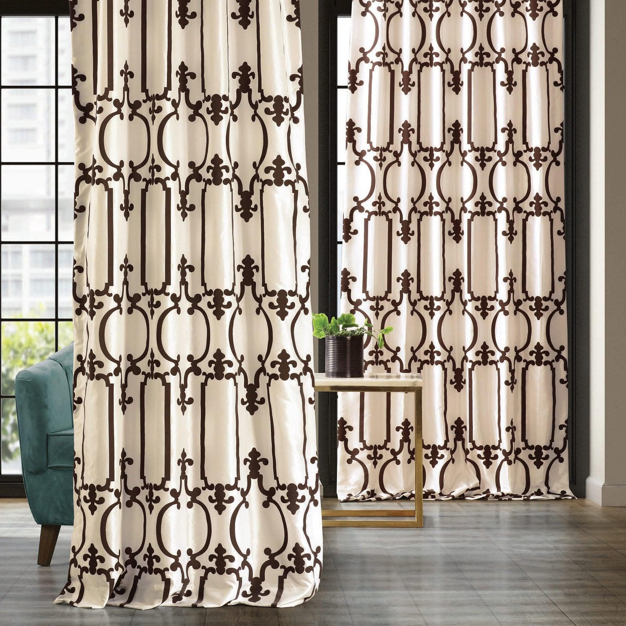 Royal Gate Off White & Brown Geometric Designer Flocked Custom Curtains for Living Room, Bedroom - Elegant Window Treatment for Home Decor