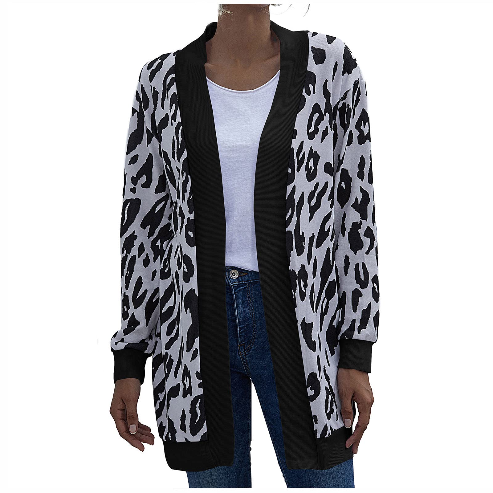 Women's Casual Long Sleeve Leopard Print Open Stitch Cardigan Sweater - Cozy Fall Winter Fashion Outerwear for Work, Date Night & Everyday Wear