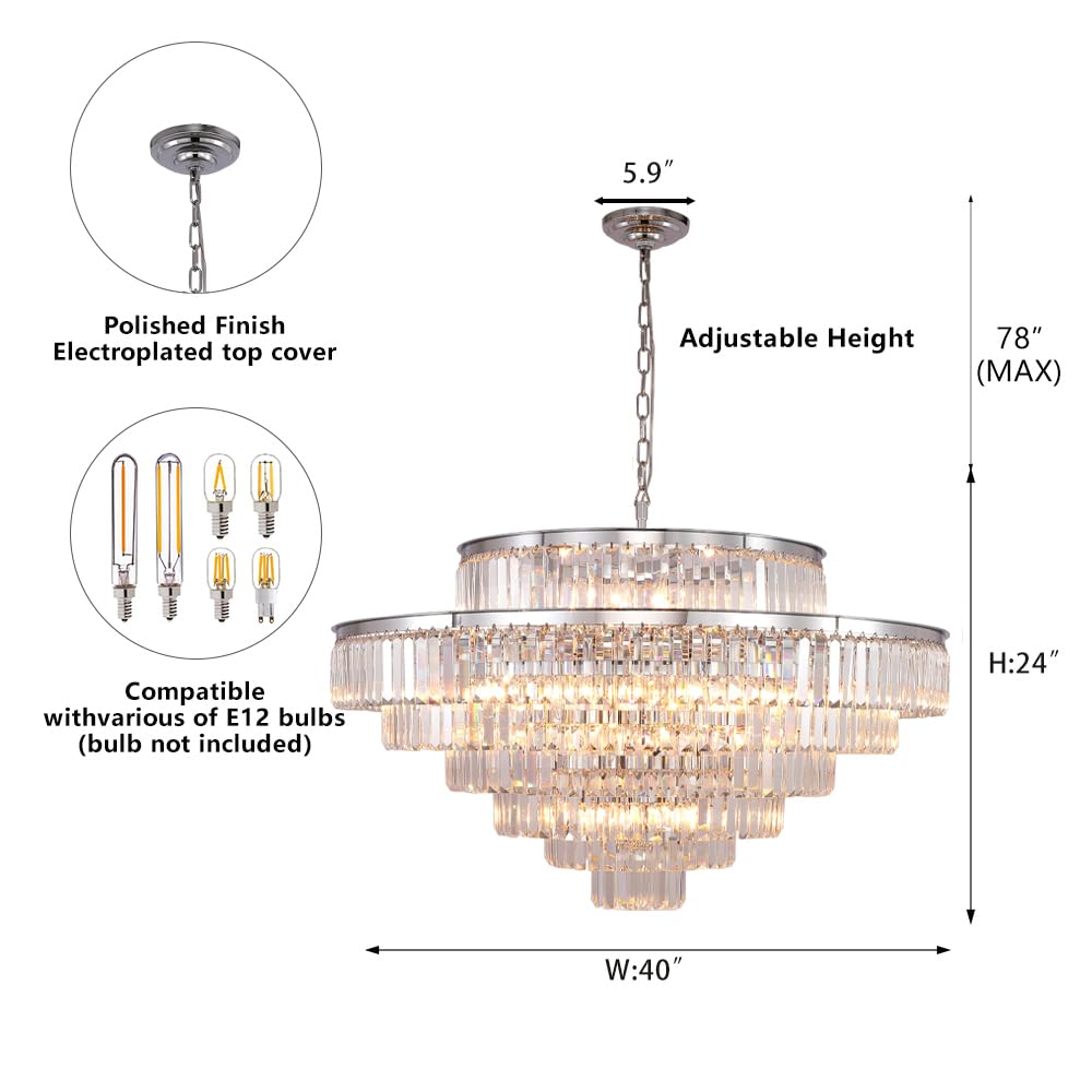 Large Chrome 7-Tier Crystal Chandelier - Modern Luxury Ceiling Pendant Light Fixture with 28 Lights (40