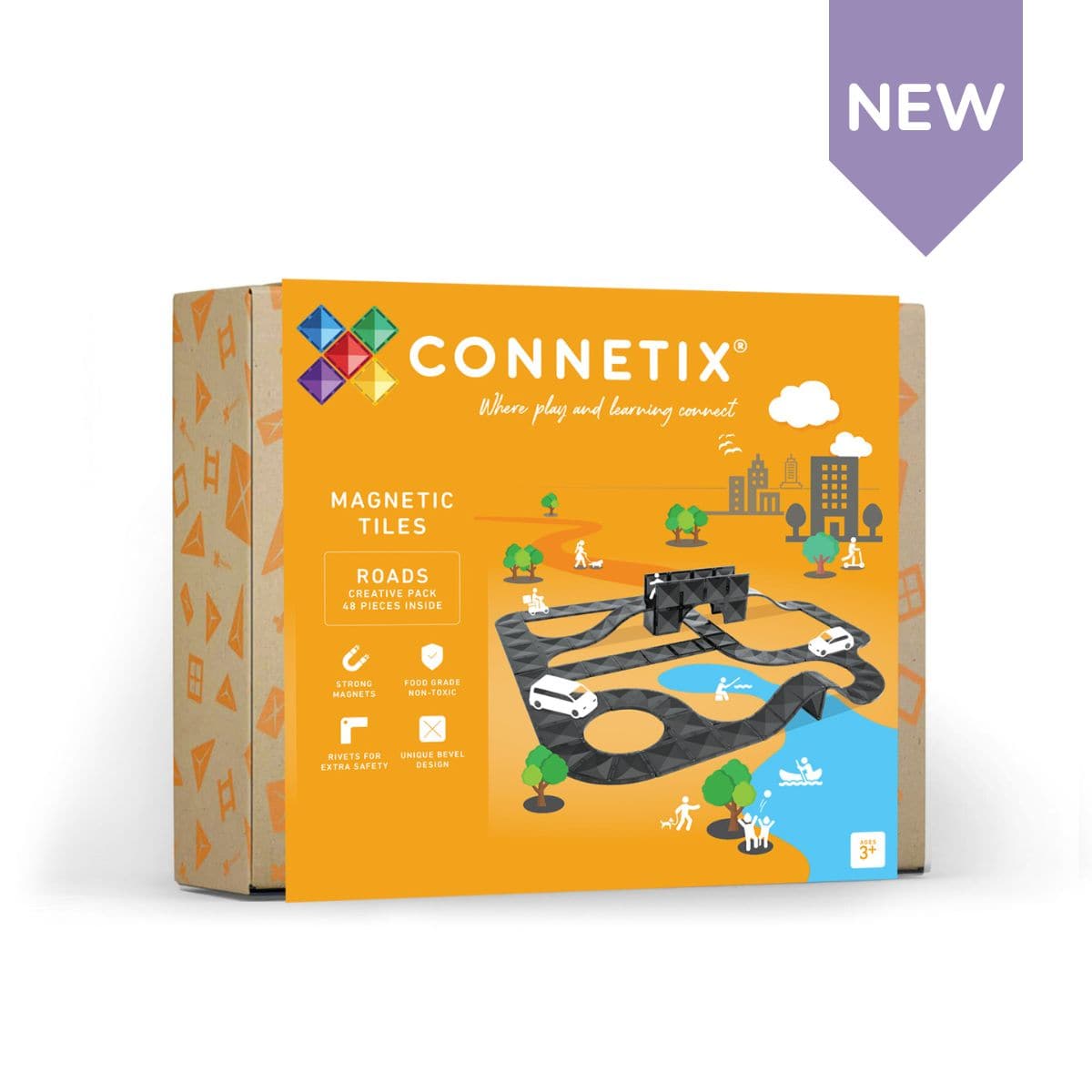 Connetix Magnetic Tiles 48-Piece Set - STEM Educational Building Blocks for Kids, Creative Roads Construction Toy for Preschool Learning & Indoor Play
