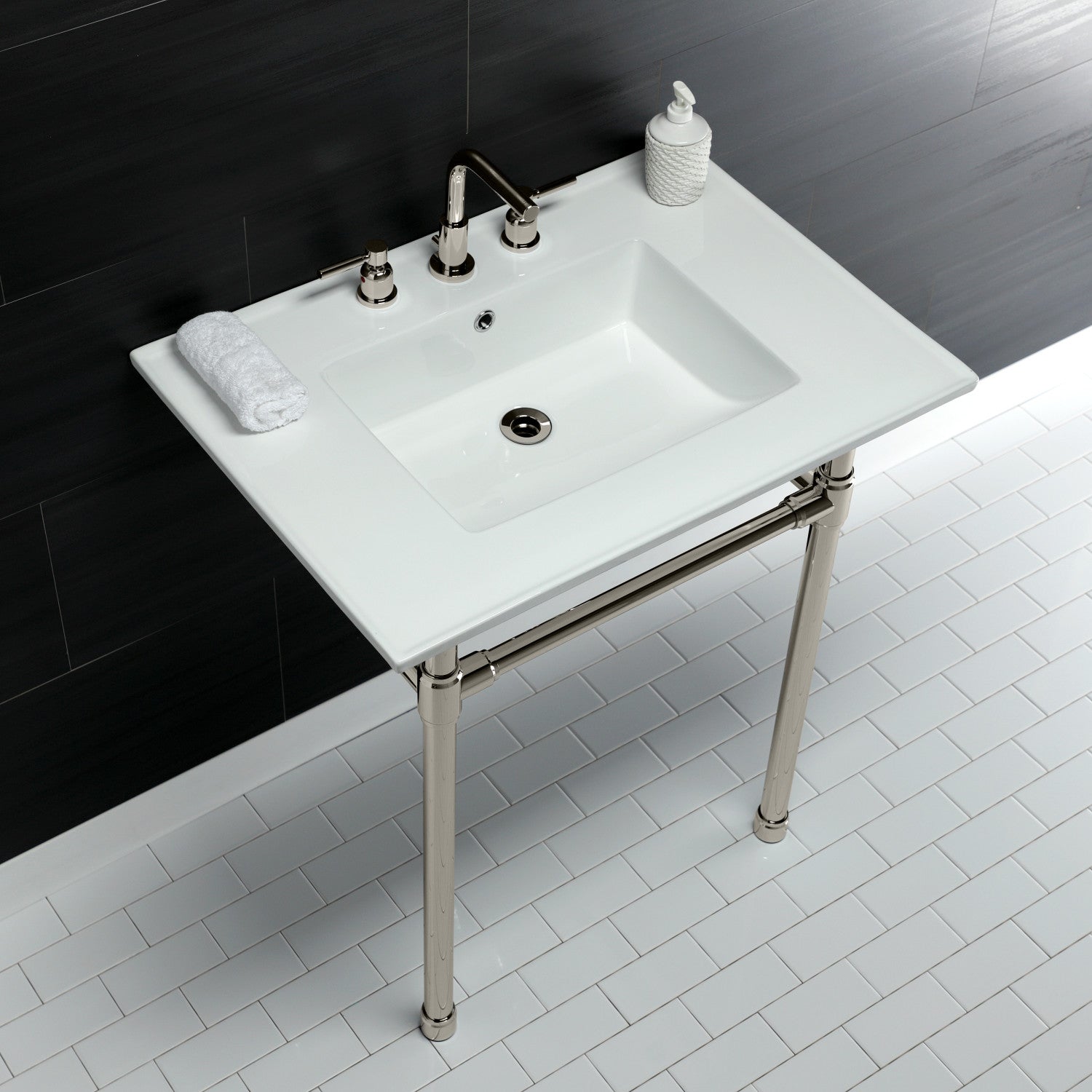 Dreyfuss 31 Inch White Ceramic Farmhouse Bathroom Sink with Stainless Steel Legs - 8 Inch, 3 Hole Faucet Mount - Perfect for Modern Farmhouse, Rustic & Vintage Style Bathrooms