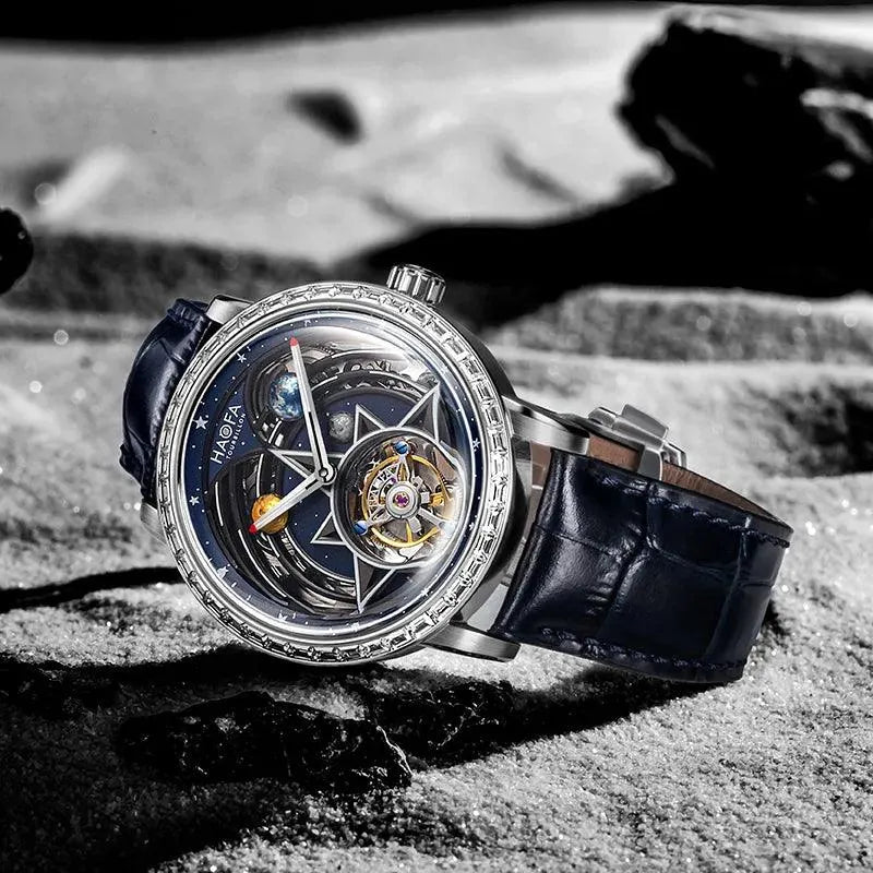 Haofa Men's Automatic Zircon Bezel Flying Tourbillon Watch with Luminous Universe Dial & Double Spring Drive - Luxury Interstellar Design for Business, Formal Events & Collectors (Model 2269)