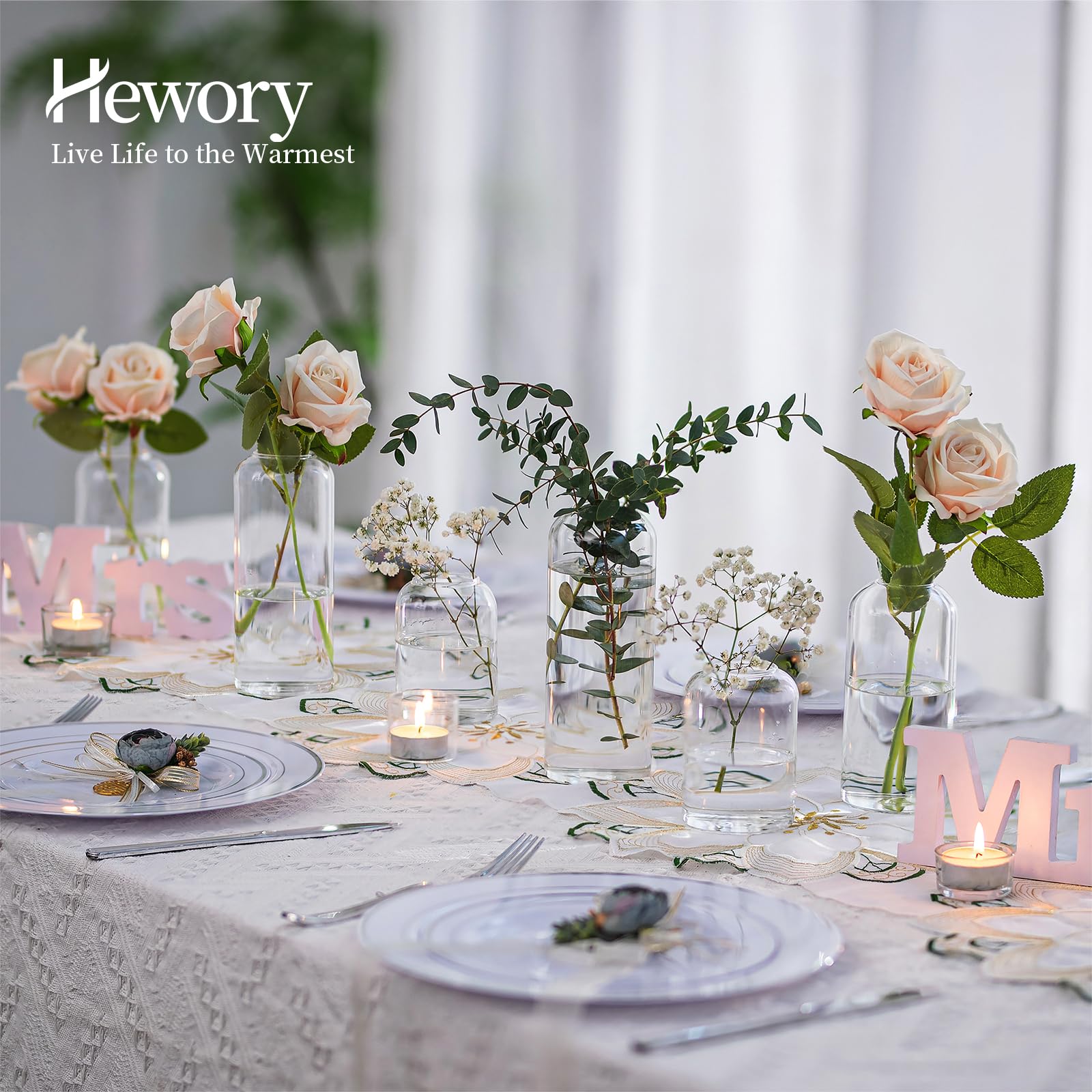 Hewory 12-Piece Set of Blown Glass Bud Vases - Modern Clear Mini Flower Vases for Wedding Centerpieces, Party Decor, Home Floral Arrangements (Perfect for Table Settings, Event Decorations & Gift Packaging)