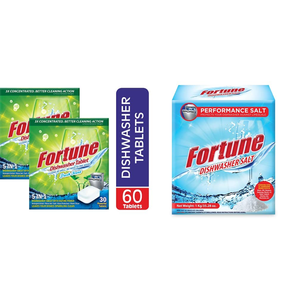 FORTURE 5-in-1 Dishwasher Detergent Tablets with Fresh Scent (60 Count) & Dishwasher Salt (1kg) - Universal Compatibility for All Dishwasher Brands - Perfect for Daily Dish Cleaning and Hard Water Protection