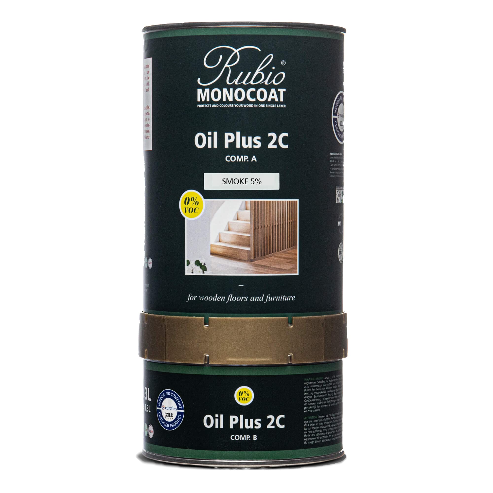 Rubio Monocoat Oil Plus 2C Quick-Dry Wood Stain & Finish - Smoke 5% | 1.3L Eco-Friendly Linseed Oil for Indoor Furniture, Floors & Cabinets | Includes Accelerator (Part B) & Protector | Covers 650 ft² | Non-Toxic, Low VOC Wood Treatment for Home & Office Use