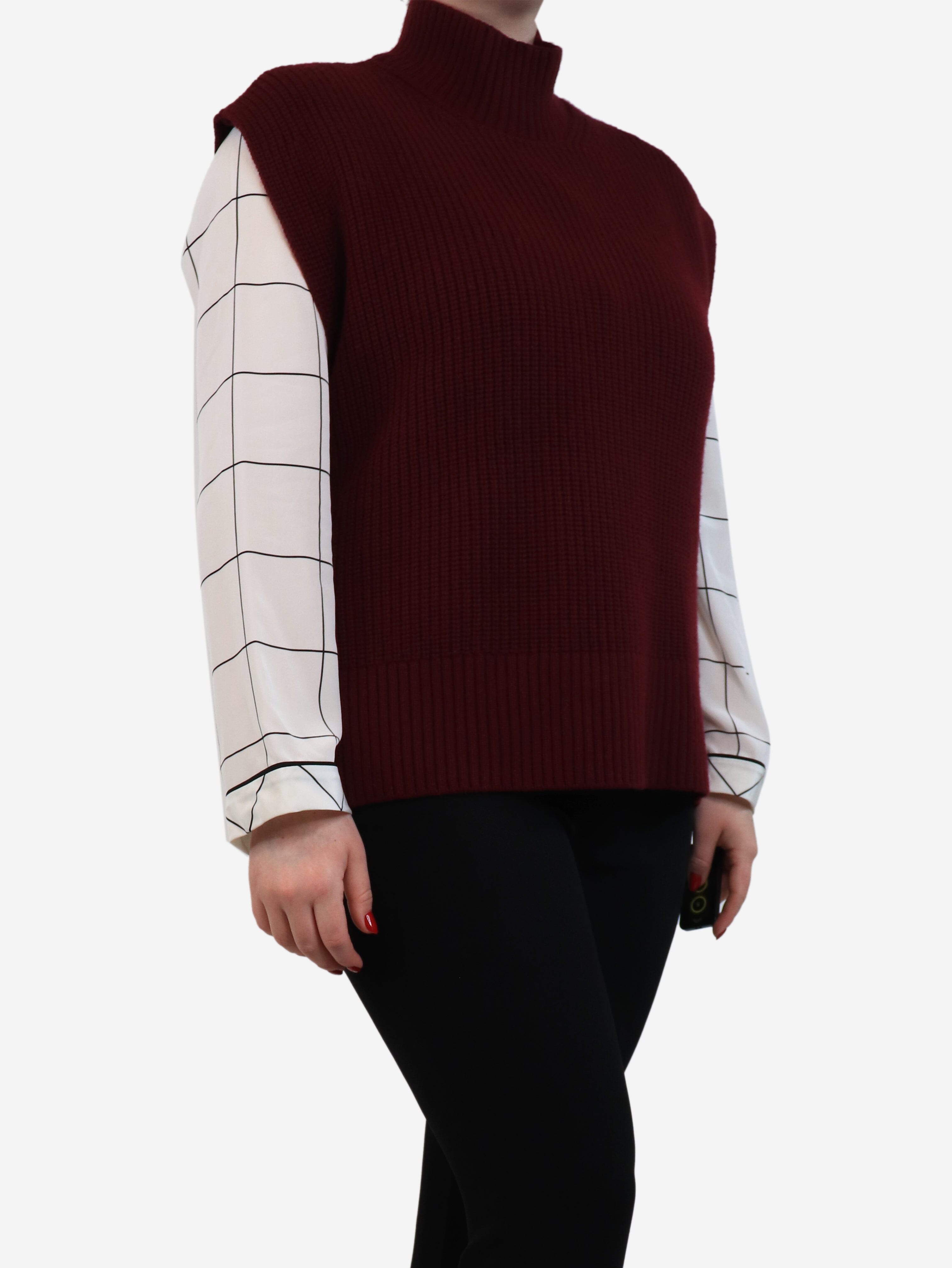Burgundy Ribbed High Neck Jumper Vest for Women - Size L | Cozy Winter Layering & Casual Outfit Essential