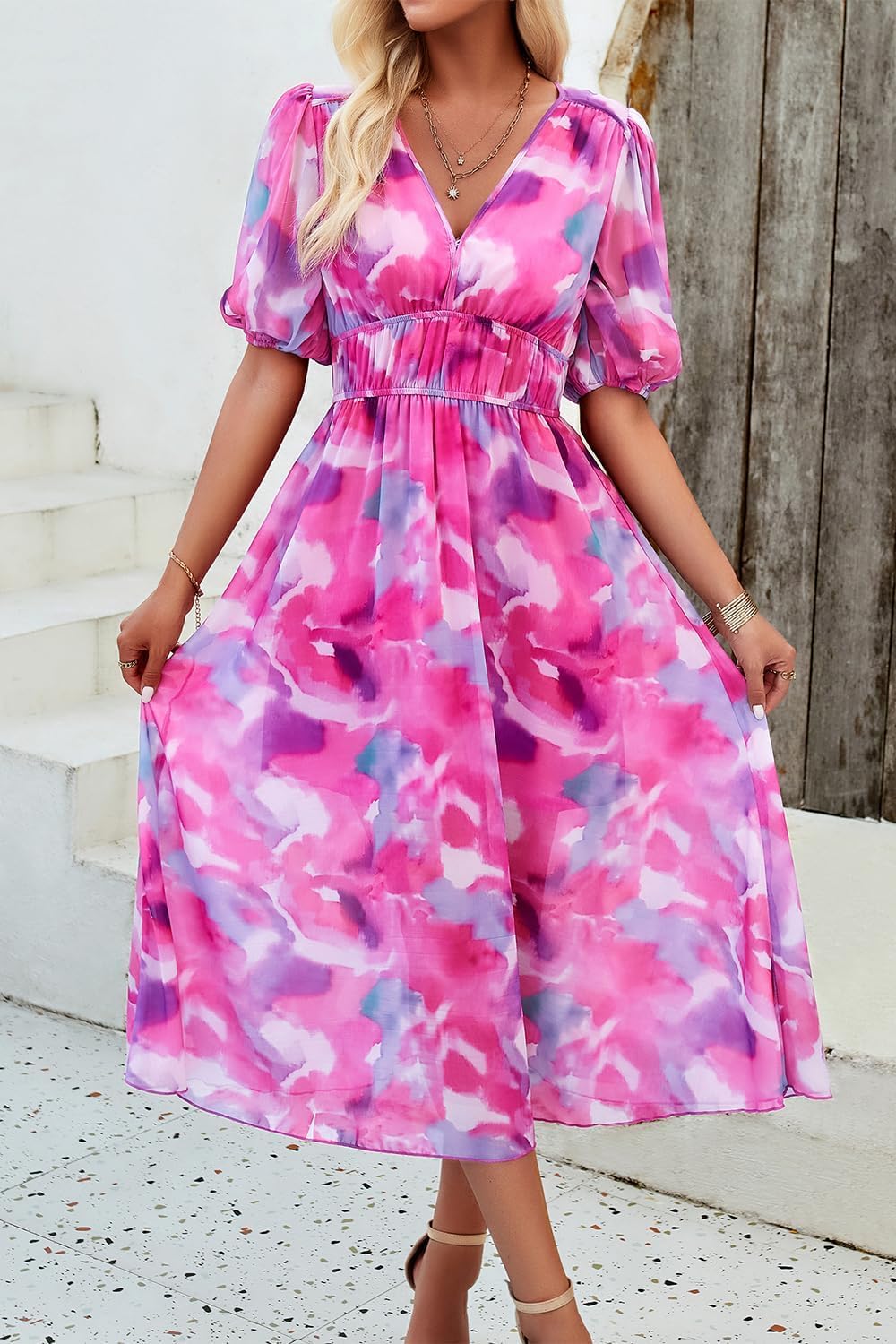 Floral Wrap V-Neck Midi Dress for Women - Short Sleeve Summer Dress with Elastic Waist | Perfect for Beach Vacations, Garden Parties & Casual Outings 2025
