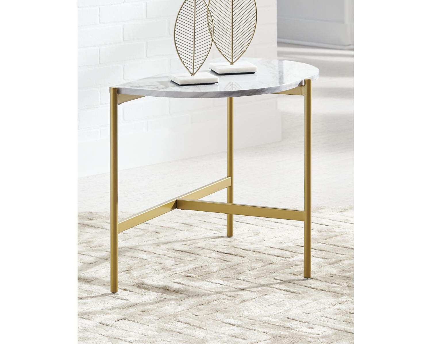 Signature Design by Ashley Wynora Contemporary Half Moon Chairside End Table with Faux Marble Top - White & Gold Accent - Perfect for Living Room, Bedroom or Office Side Table