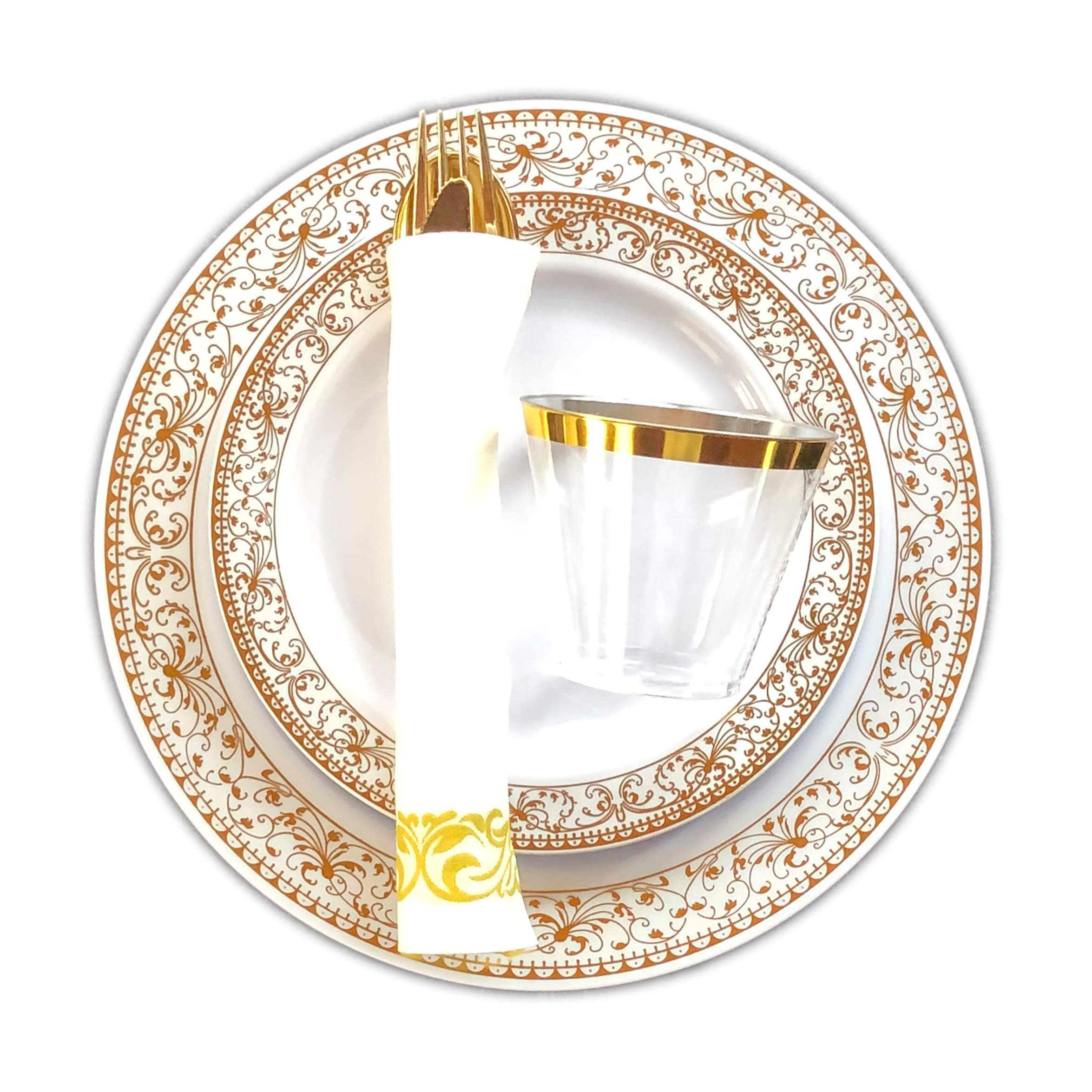 175-Piece Gold Plastic Disposable Dinnerware Set - 25 Dinner Plates, 25 Dessert Plates, 25 Forks, 25 Knives, 25 Spoons, 25 Cups & 25 Napkins with Gold Rim - Perfect for Parties, Weddings, and Special Events