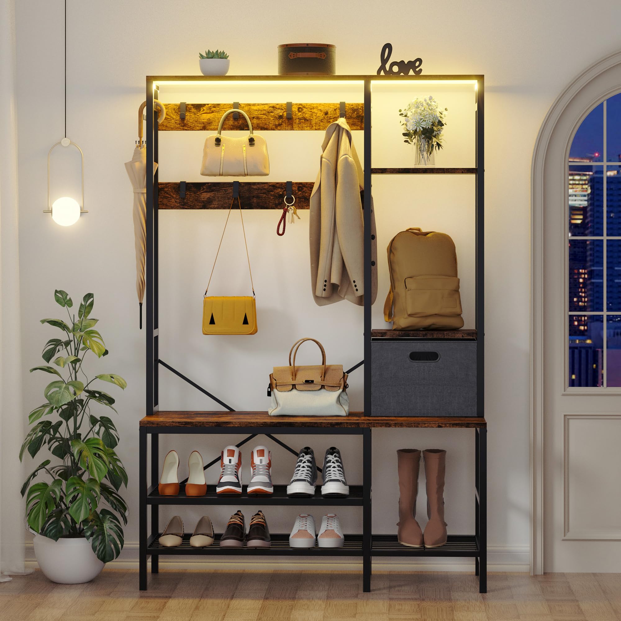 Shintenchi 5-in-1 Modern Hall Tree Coat Rack with LED Lights, Bench Shoe Storage & Removable Hooks - Entryway Organizer with Storage Basket for Hallway, Bedroom or Living Room (Brown) - Perfect for Small Spaces & Home Decor