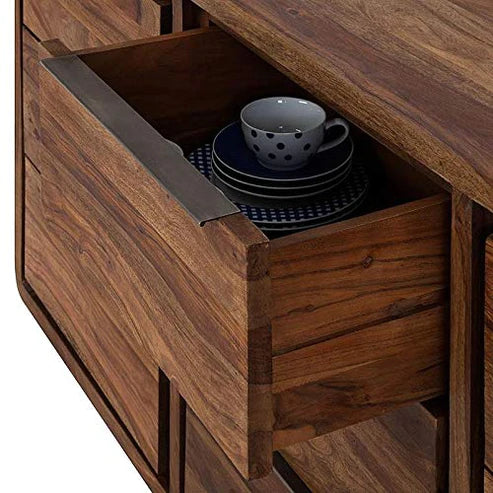 Gfine Solid Sheesham Wood Sideboard - 2 Doors & 3 Drawers, 160x42x75cm - Perfect for Living Room Storage & Dining Room Organization