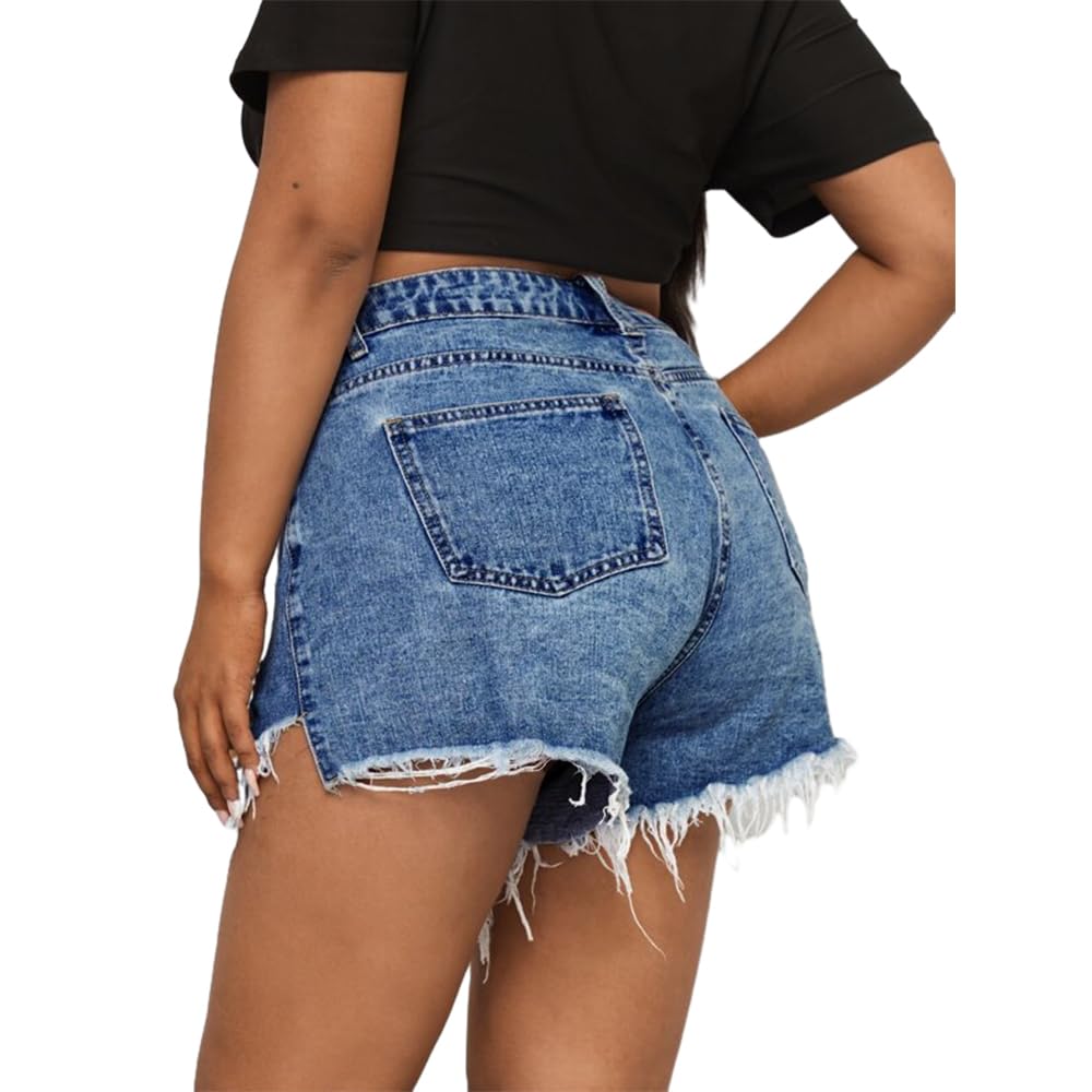 MapleHub Plus Size Denim Shorts for Women - High Waisted Ripped Distressed Jean Shorts with Folded Hem | Comfortable Summer Casual Wear, Beach Outfits & Street Style Fashion