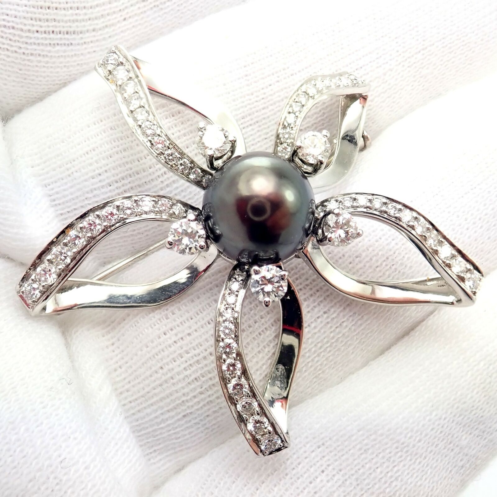 Authentic Mikimoto Platinum Diamond Tahitian South Sea Pearl Brooch Pin - Luxury Pearl Jewelry for Women, Elegant Gift for Special Occasions, Perfect for Weddings, Anniversaries and Formal Events
