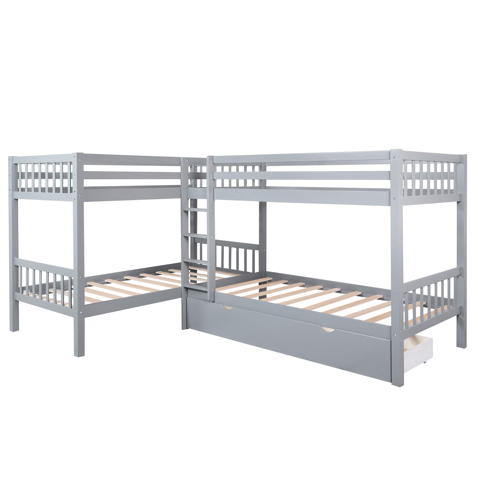 Twin L-Shaped Bunk Bed with Storage Drawers - Gray Wooden Bunk Bed for Kids & Teens - Perfect for Small Bedrooms, Guest Rooms & Dormitories