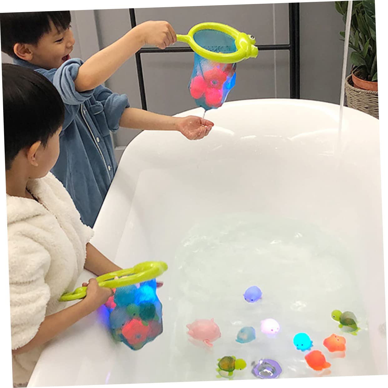 FAVOMOTO 4-Piece Fishing Net Bath Toy Set - Durable Plastic Kids Shower Toys for Bathtub Fun, Pool Play & Outdoor Water Activities