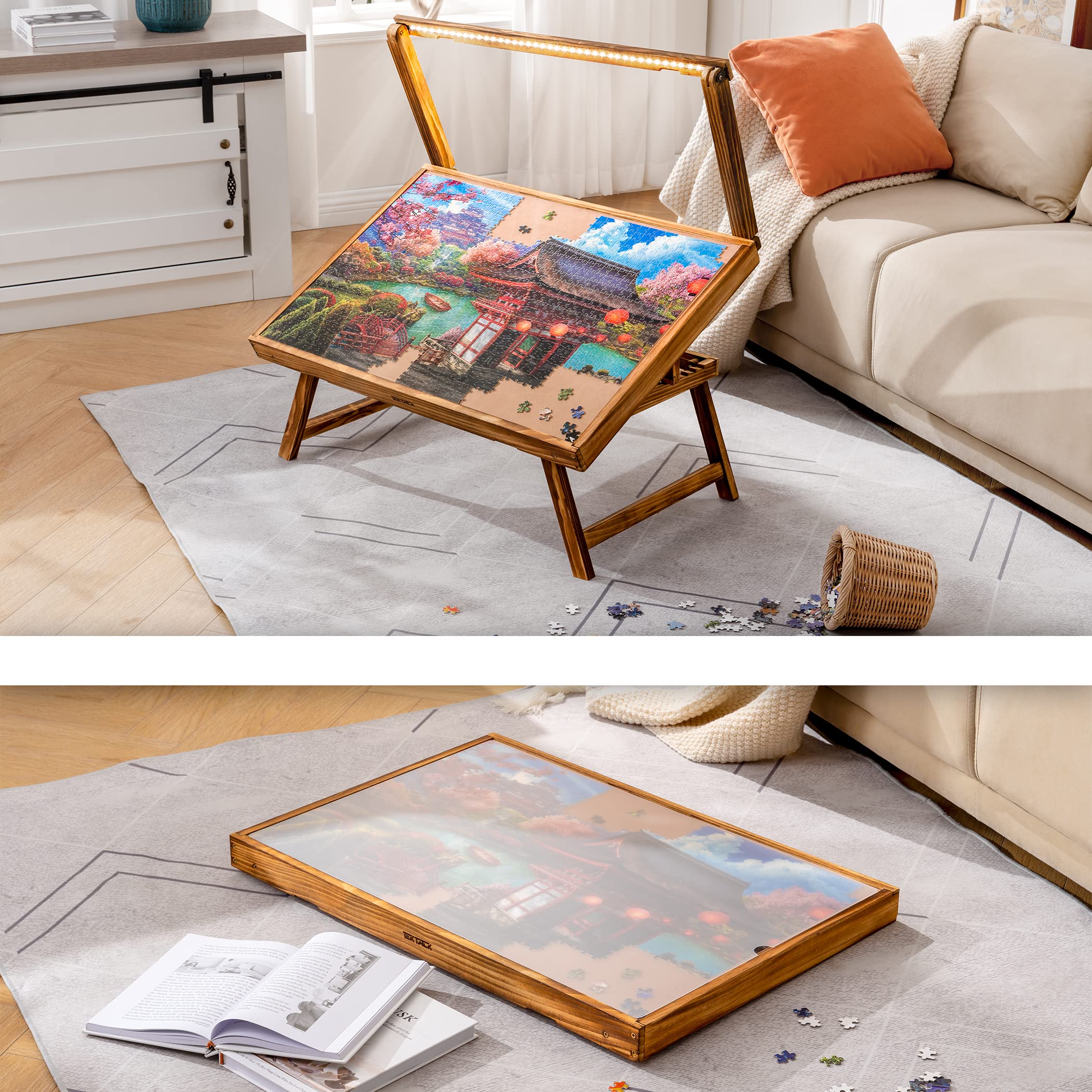 Premium LED Jigsaw Puzzle Table with Folding Legs & Cover - Adjustable Wooden Puzzle Board for Adults & Kids - 5 Angle Positions - Holds Up to 1000 Pieces - Perfect for Family Game Nights, Relaxation & Puzzle Storage