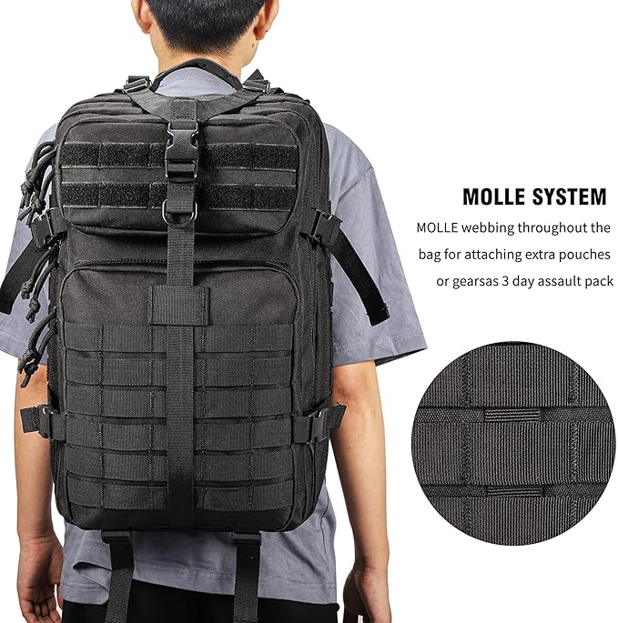 40L Tactical MOLLE Backpack - Military Bugout Rucksack with Hydration Bladder Compartment | Woodlands Camo, ACU, A-TACS | Perfect for Hiking, Camping & Outdoor Survival Gear
