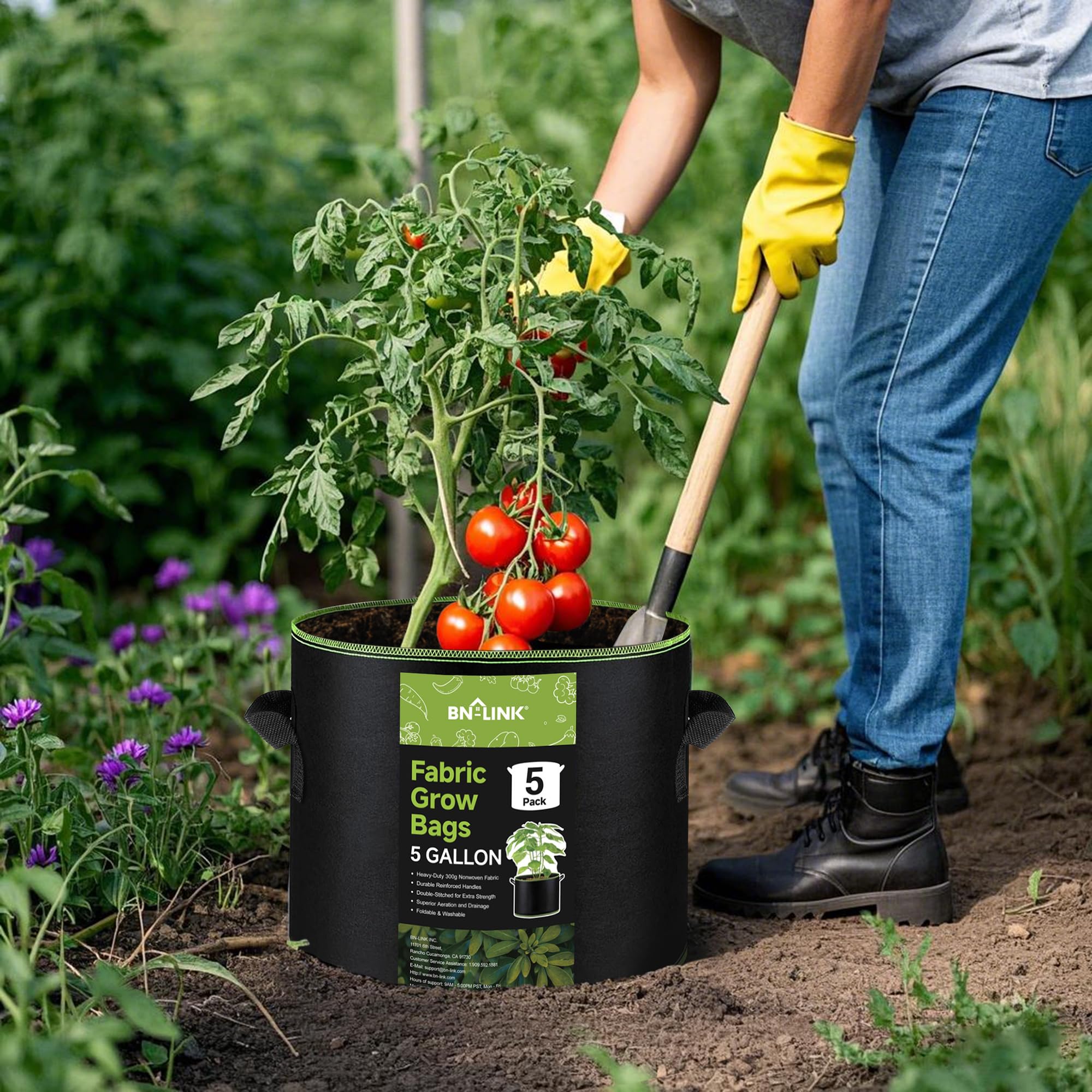 BN-LINK 5-Pack 5 Gallon Heavy Duty Aeration Fabric Grow Bags with Handles - Thickened Nonwoven Plant Pots for Vegetables, Flowers, Fruits - Ideal for Indoor/Outdoor Gardening, Urban Farming & Container Planting