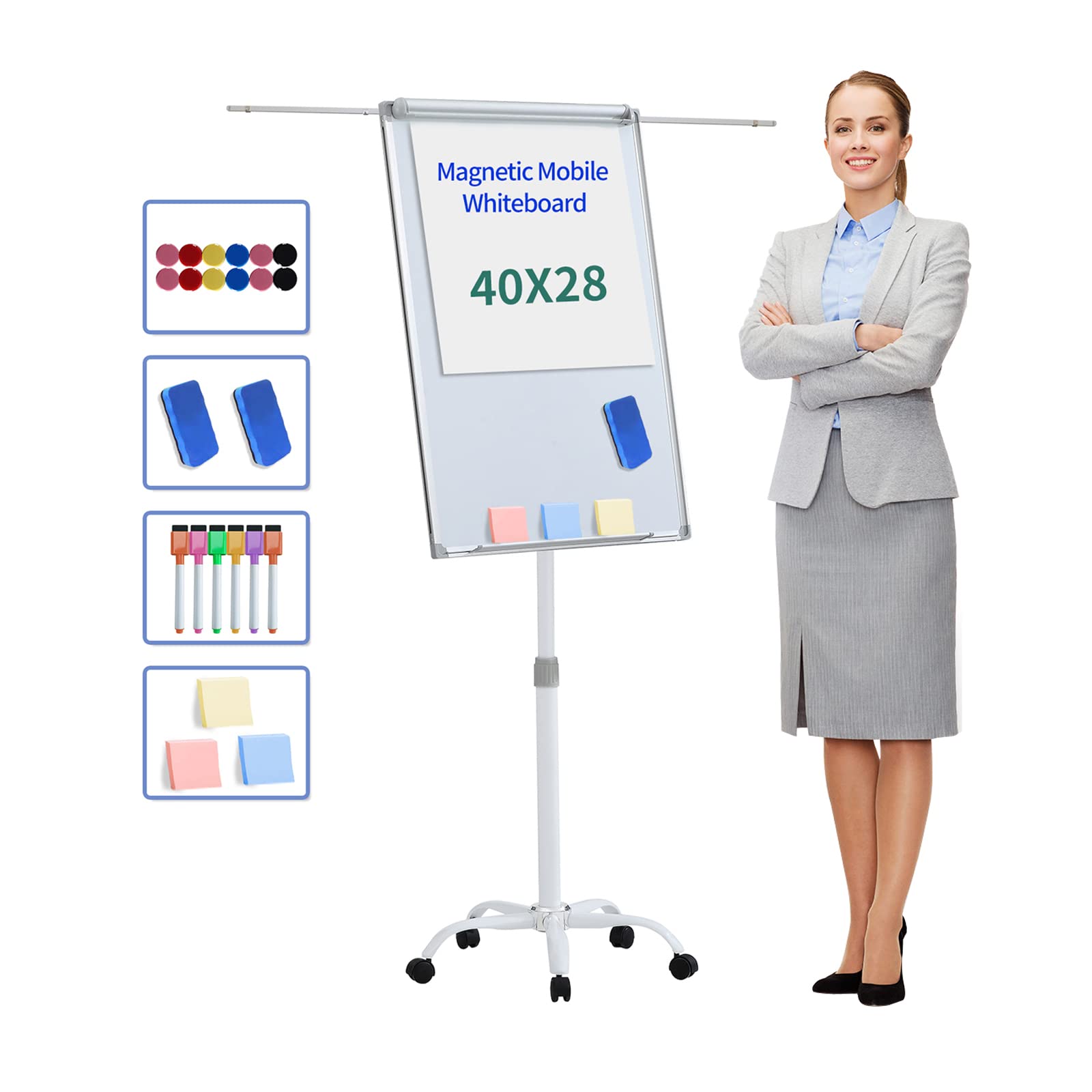 KBW 40x28 Inches Mobile Magnetic Whiteboard with Wheels - Adjustable Height Stand Dry Erase Board with Flipchart Easel for Kids, Students, Teachers - Perfect for School, Home Office & Classroom Presentations