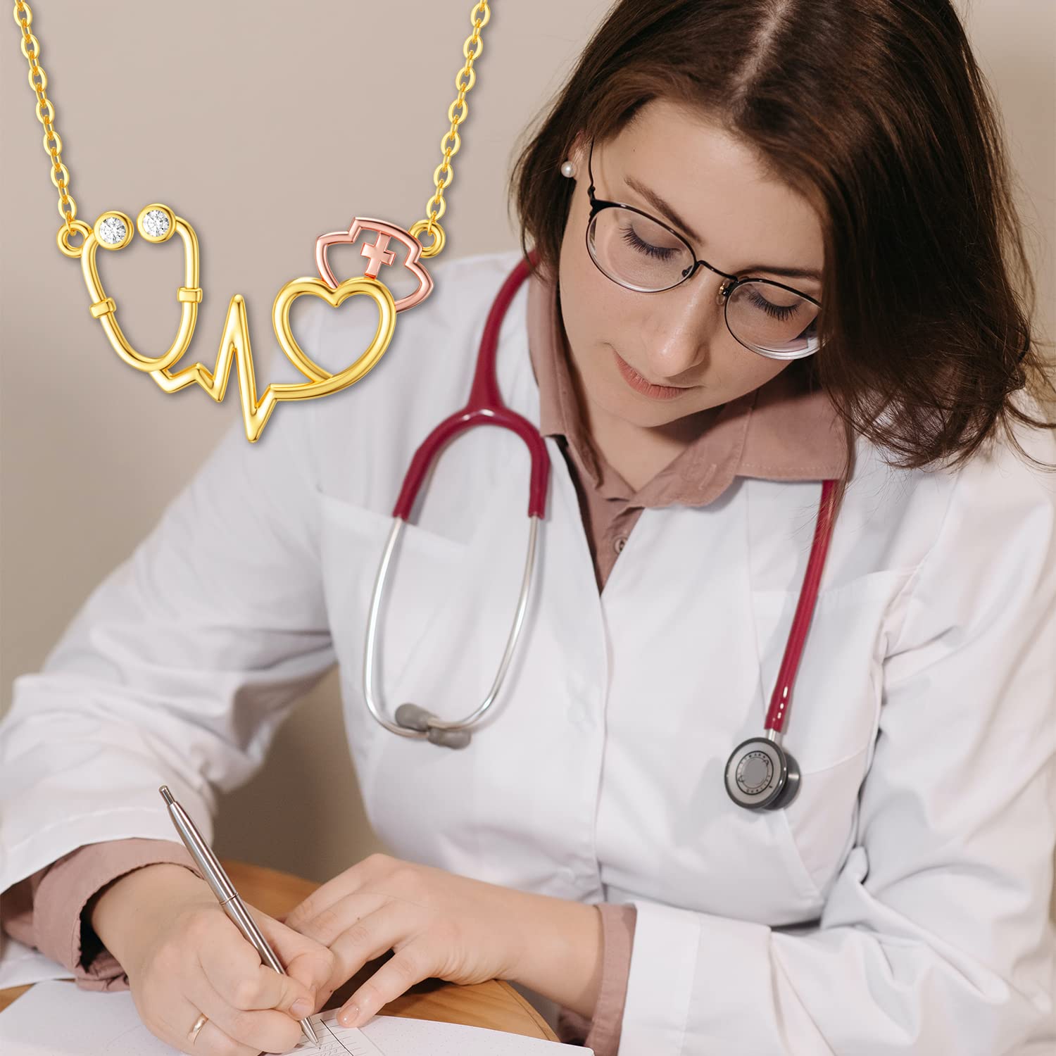 14K Real Gold Stethoscope Pendant Necklace for Women - Nurse Doctor Jewelry Gift for Medical Students & RN Nurses (16+1+1 inch) - Perfect for Graduation, Appreciation Gifts & Medical Professionals' Daily Wear