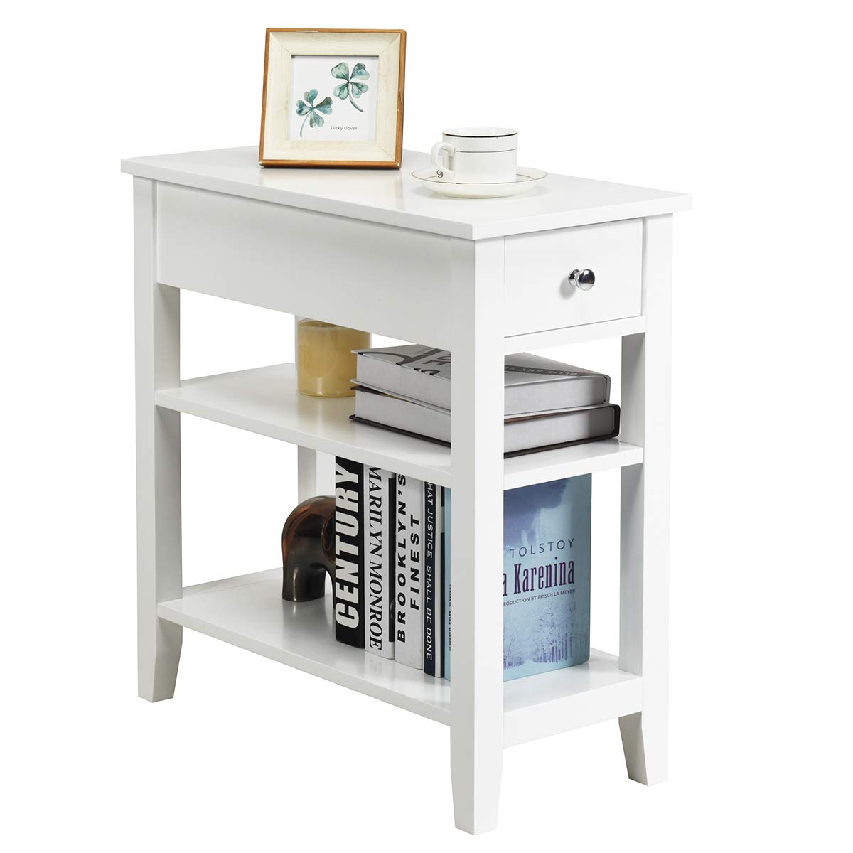 Giantex Narrow End Table Set of 2, Small Side Table with Drawer and Shelf, Wood Accent Sofa Table, Skinny Nightstand for Small Space - Perfect for Living Room, Bedroom, Dorm & Apartment (White)