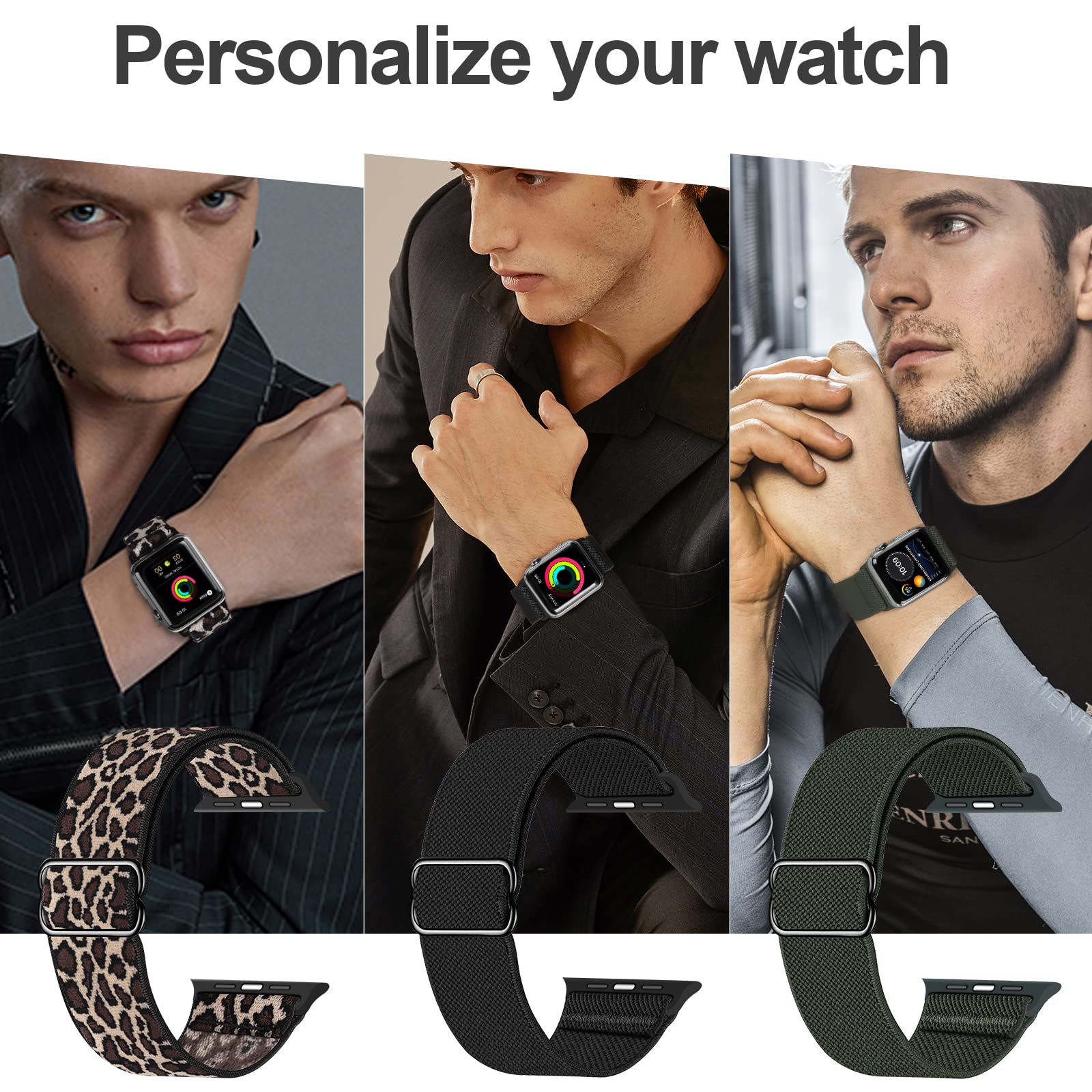 Stretchy Nylon Solo Loop Band Compatible with Apple Watch 42mm/44mm/45mm/46mm/49mm - Braided Sport Strap for iWatch Series 10/9/8/7/6/5/4/3/2/1 SE & Ultra - Women & Men - Leopard, Black, Clover - Perfect for Workouts, Running & Everyday Wear