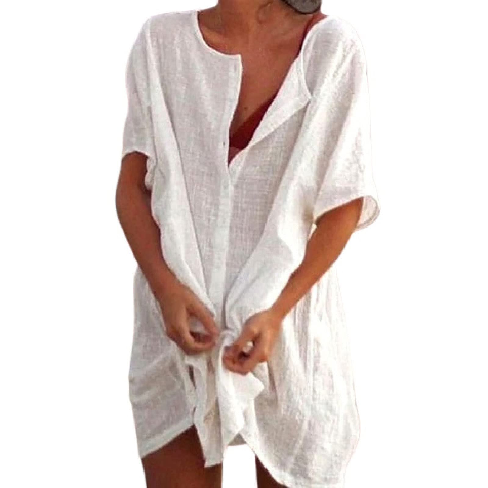 Women's Summer Shirt Dress - Button Down Knee Length Casual Dress, Loose Fit Solid Color Blouse Top | Perfect for Beach Outings, Office Wear & Weekend Brunch
