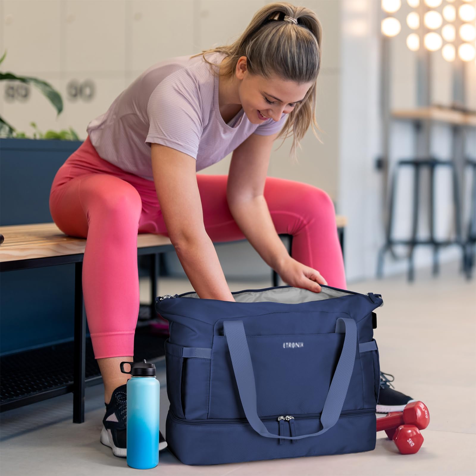 Women's Gym Bag with USB Charging Port - Large Sports Duffel Bag for Travel, Yoga & School - Waterproof Wet Pocket & Shoe Compartment - Perfect for Workouts, Weekend Trips & Sports Travel (Dark Blue)