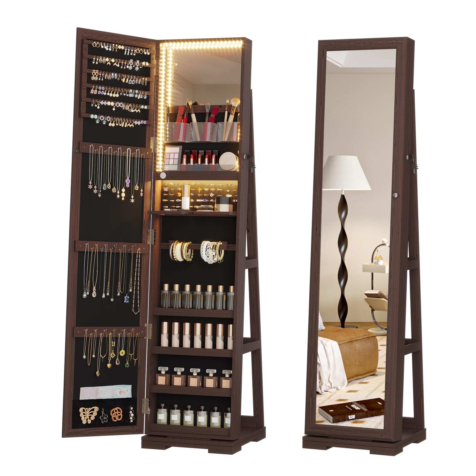 LED Jewelry Armoire with Full-Length Mirror - Lockable Jewelry Cabinet with Storage, 3-Color Lighting & 360° Swivel - Perfect for Bedroom, Dressing Room & Gift (Dark Brown) for Women, Birthday & Christmas