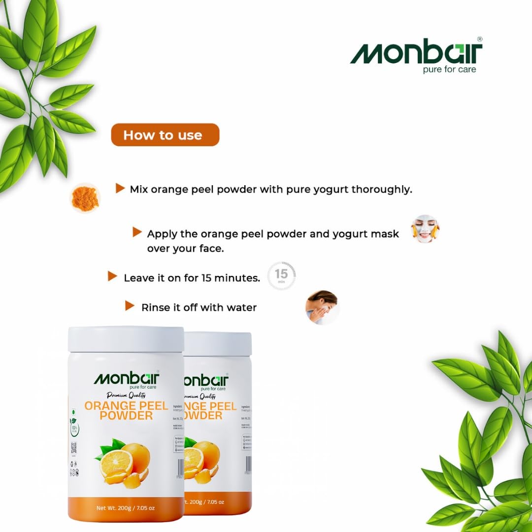 MONBAIR Orange Peel Facepack Powder - 100g | 100% Natural, Chemical-Free | Brightens Skin, Reduces Tan & Oil, Fades Scars, Boosts Collagen | Vitamin C Enriched for Deep Cleansing | Perfect for Daily Skincare & Spa Treatments