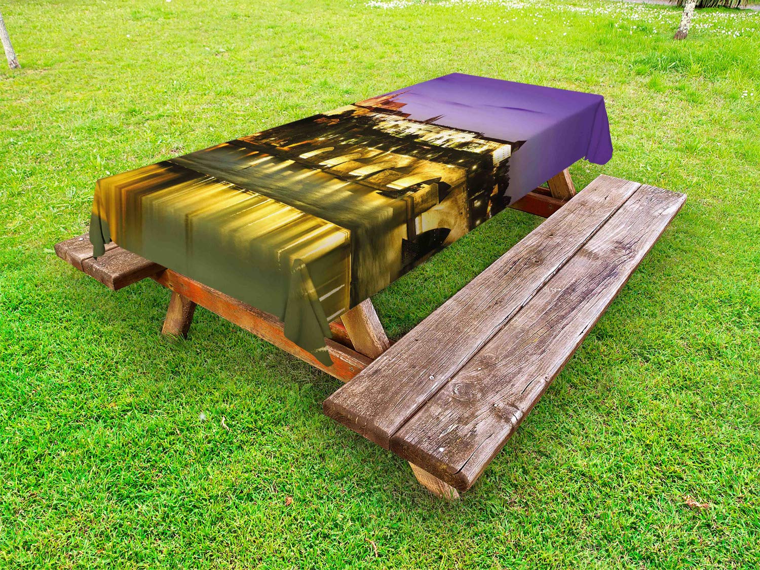 Ambesonne Waterproof Outdoor Tablecloth - Charles Bridge Prague Czech Republic Landmark Design - 58x84 Inch Washable Picnic Blanket for Camping, Beach & Backyard Parties - Purple Yellow Brown European Castle View Decorative Table Cover