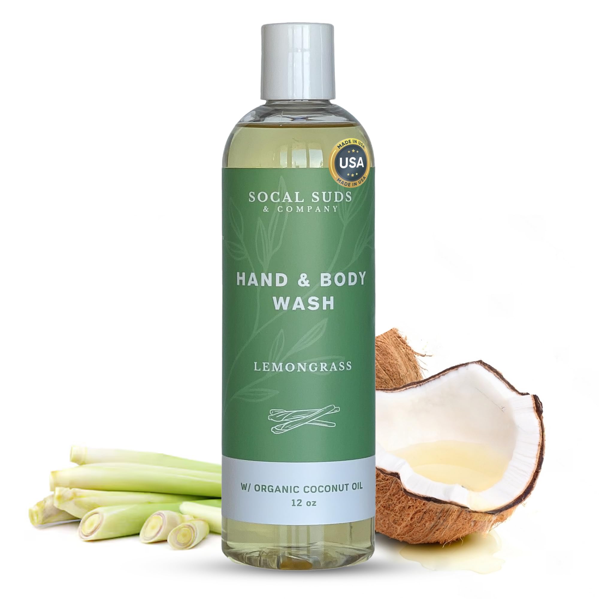 Organic Castile Soap Liquid Lemongrass 12oz - Thick Hand & Body Wash for Men & Women | Made with Organic Oils & Coconut Oil | Gentle for All Skin Types | Perfect for Shower, Bath & Travel Essentials | SoCal Suds & Company
