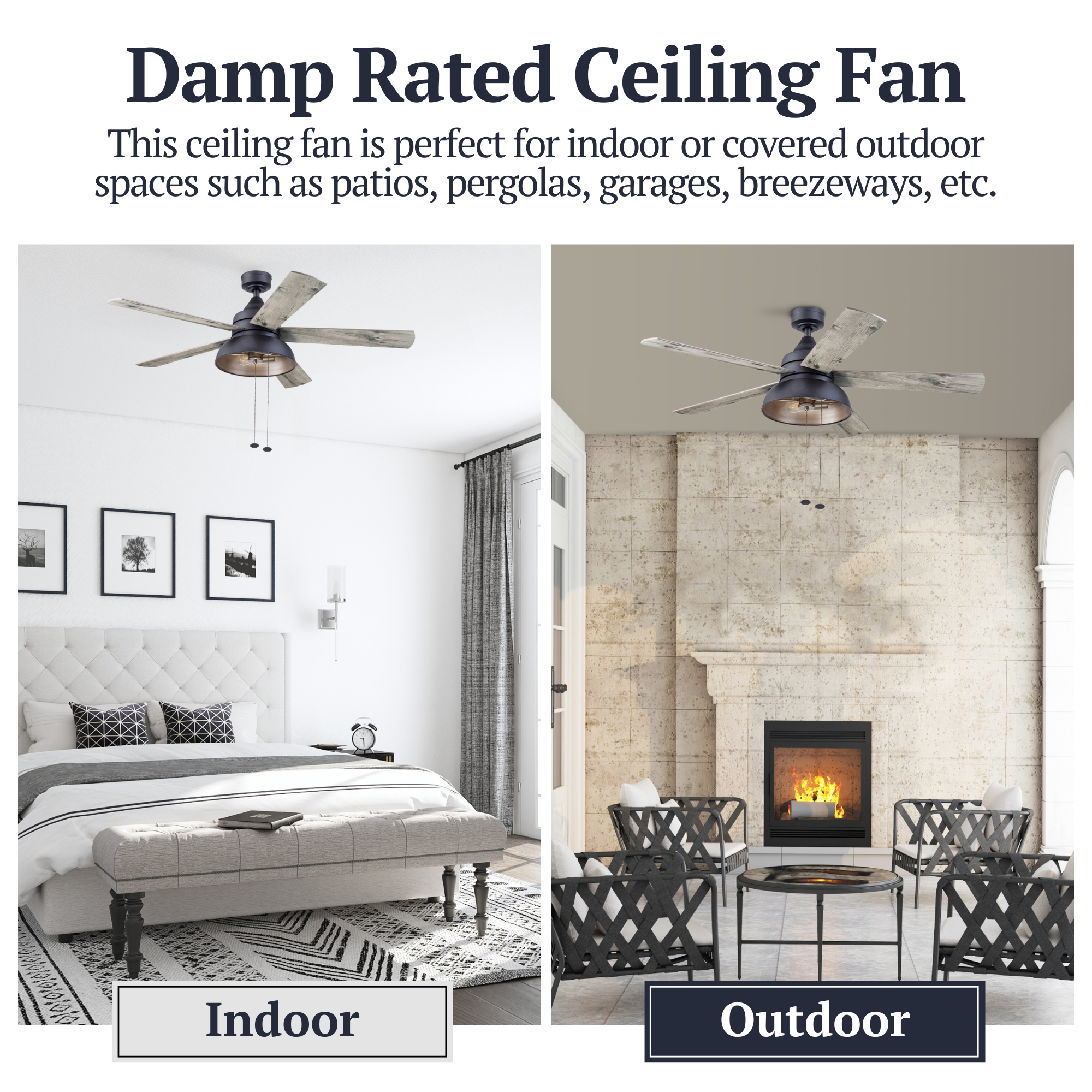 52 Inch Brightondale Matte Black Ceiling Fan with Pull Chain - Indoor/Outdoor Use for Living Room, Bedroom, Patio & Covered Porch