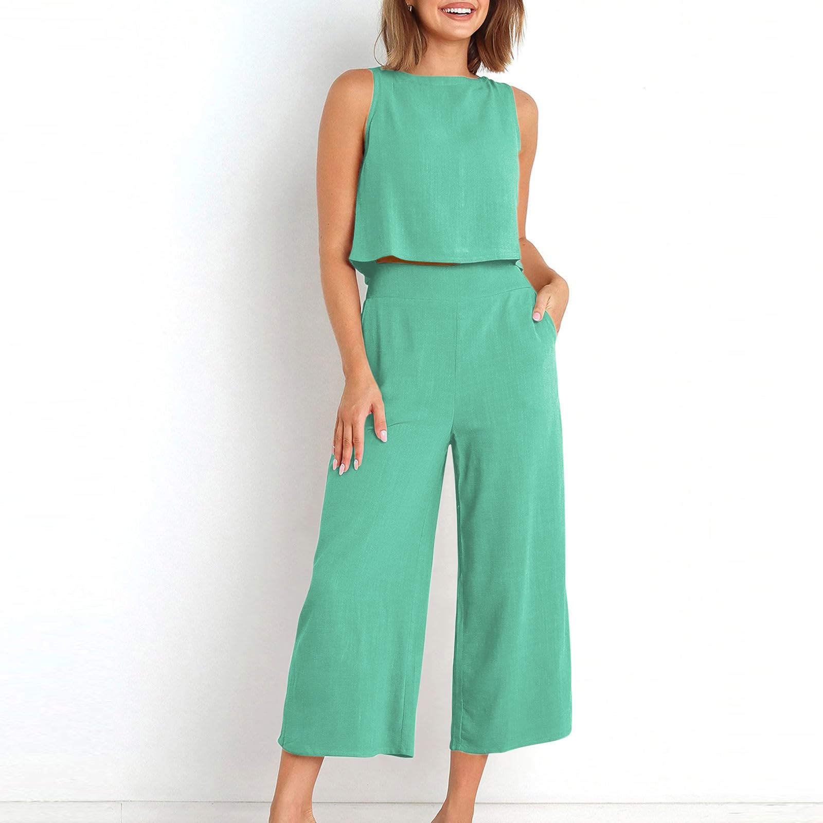 Women's 2-Piece Summer Outfit - Linen Crop Top & High Waist Wide Leg Capri Pants Set | Lounge Wear, Casual Matching Sets for Women | Perfect for Beach Vacation, Yoga & Relaxing at Home