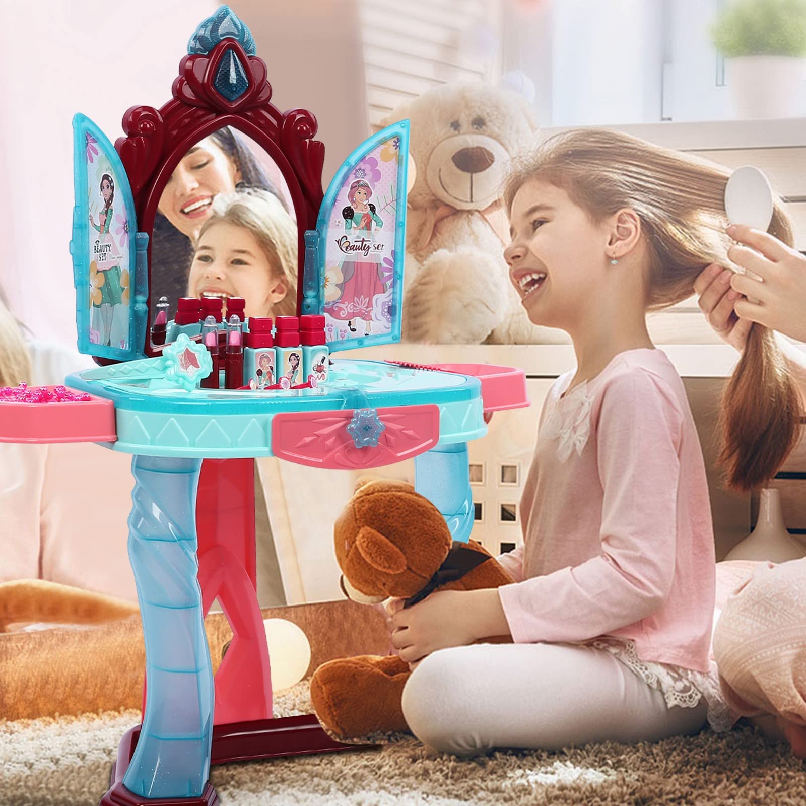 Pink Toddler Vanity Set with Lights & Sounds - Kids Makeup Vanity Table with Stool, Blow Dryer & Accessories - Pretend Play Dress Up Toy for Girls Ages 3+ - Perfect for Birthday Gifts & Role Play Fun