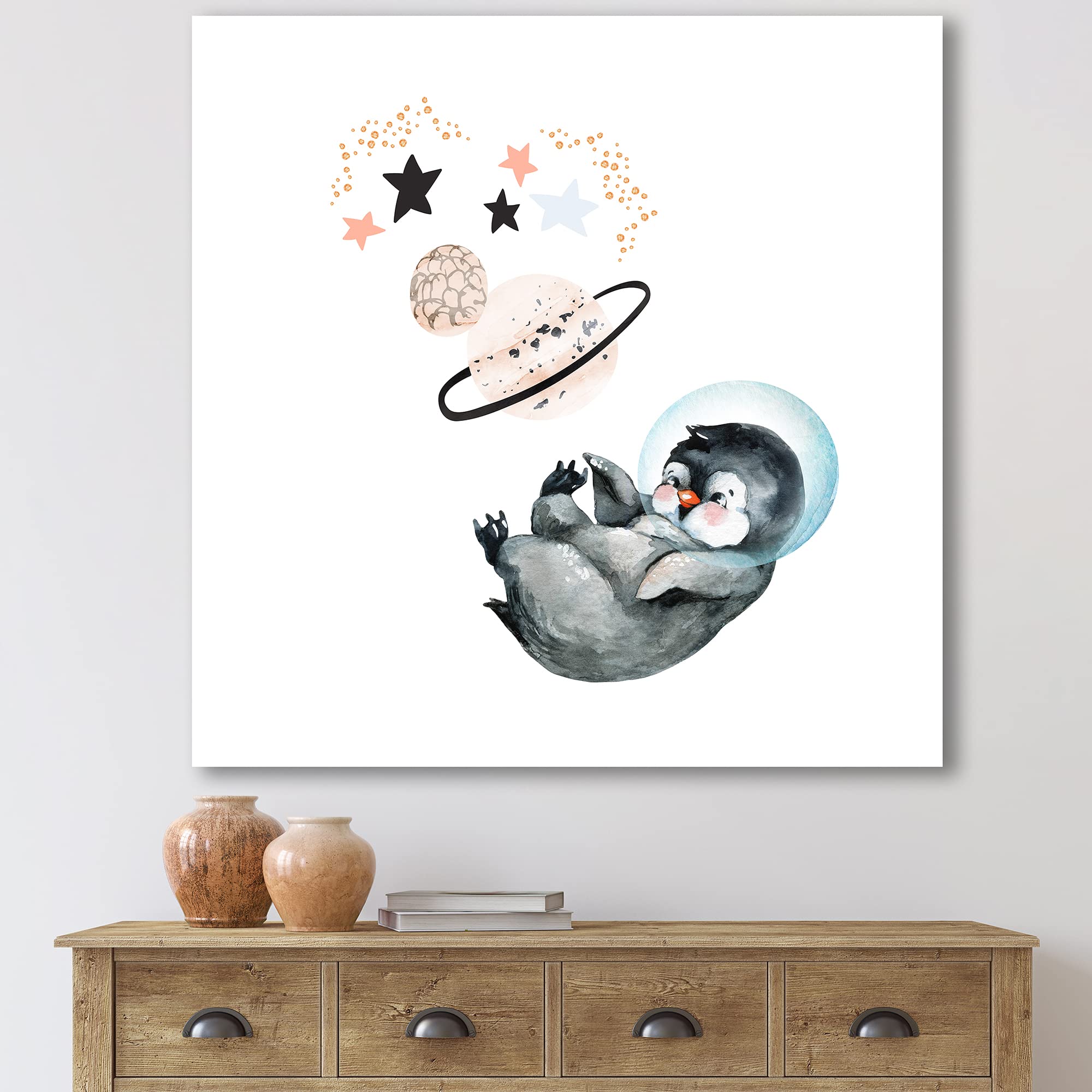 DesignQ Little Penguin with Stars and Planets - Farmhouse Style Canvas Wall Art Decor for Nursery, Kids Room & Living Room