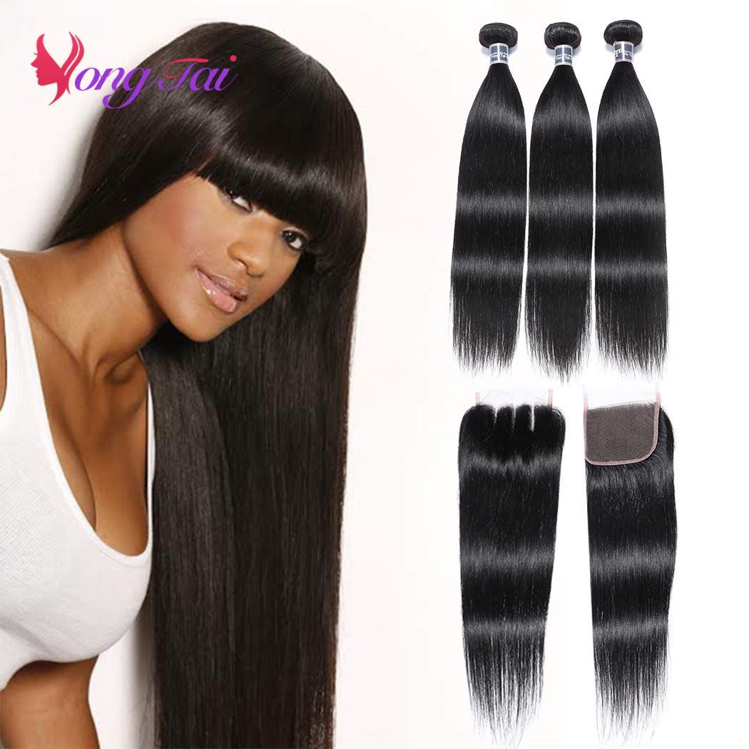 9A Straight Hair Bundles with Lace Closure (10 12 14 +8, 1B, 3 Part) - 100% Unprocessed Malaysian Virgin Human Hair Extensions for Natural Look - Perfect for Daily Styling, Weaves, and Special Occasions