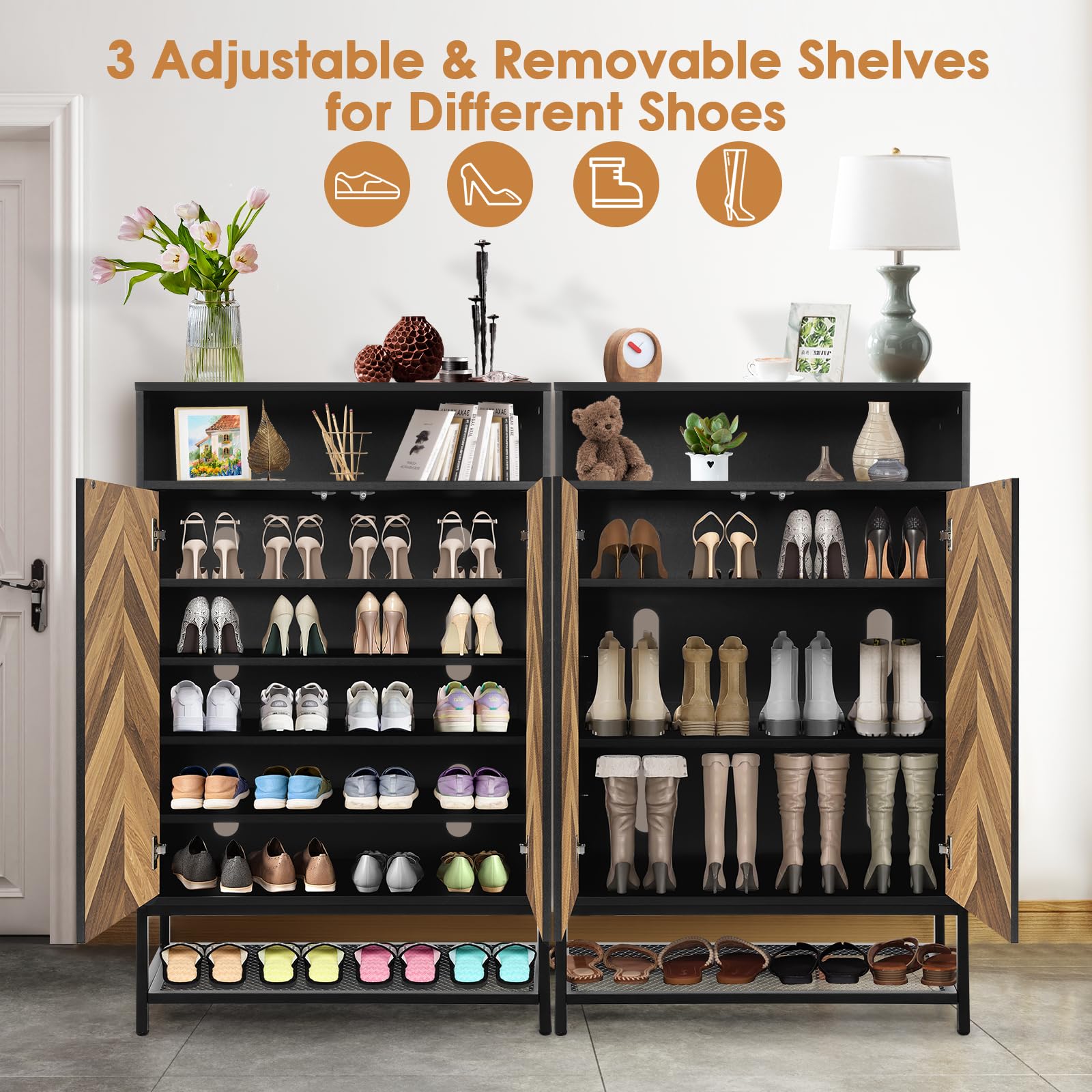 Homdox 7-Tier Shoe Storage Cabinet - Holds 24 Pairs with Doors & 3 Adjustable Shelves, Wooden Shoe Organizer for Entryway, Hallway, Living Room - Perfect for Small Spaces & Home Organization (Black)