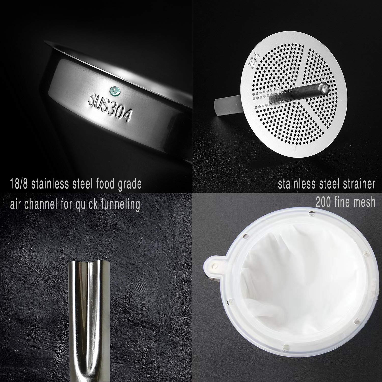 5 Inch 18/8 Stainless Steel Kitchen Funnel with Strainer & 200 Mesh Filter - Food Grade Metal Funnel for Cooking Oil, Juice, Milk, Grease - Perfect for Bottle Filling, Deep Fryer Oil Transfer & Home Canning