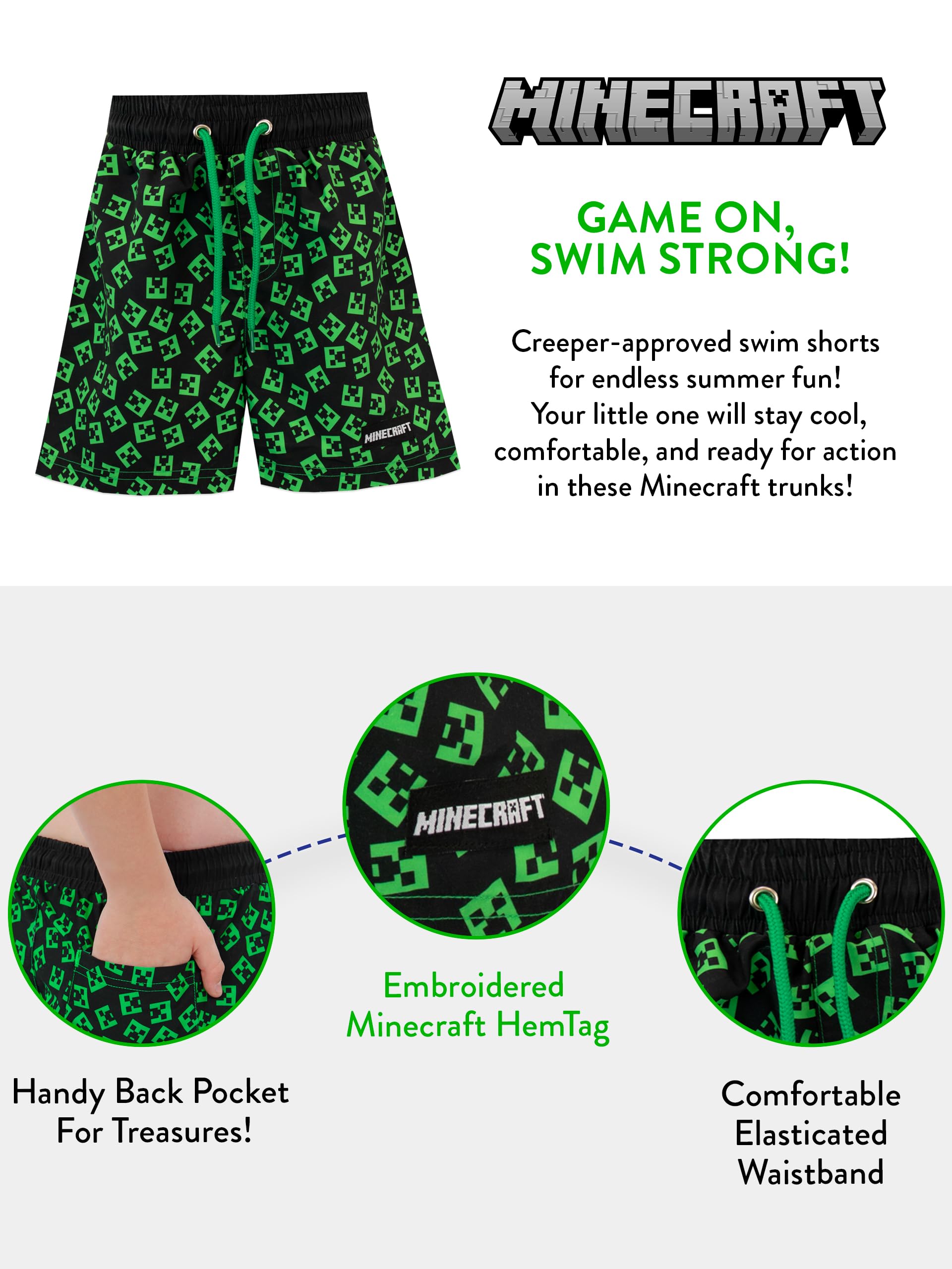 Best Minecraft Boys' Creeper Swim Shorts - Quick Dry Swim Trunks with Pockets for Pool, Beach & Summer Water Activities