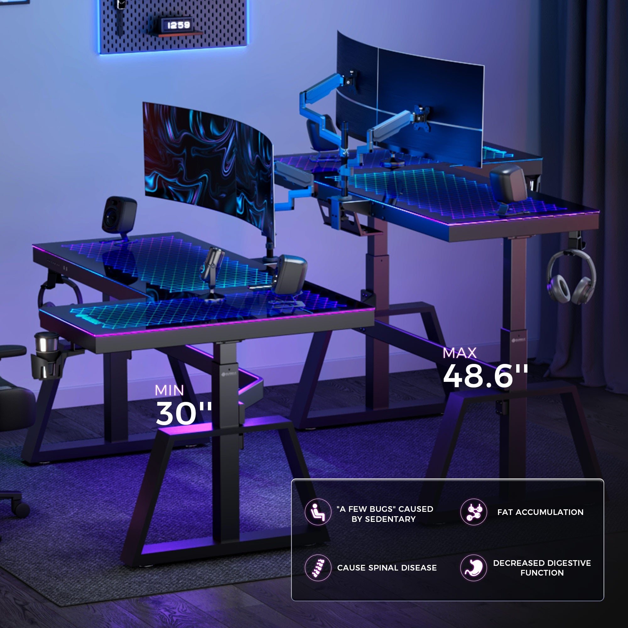 GTG L60 Pro L-Shaped Glass Gaming Standing Desk - 60x23 Inches, Ergonomic Height Adjustable Workstation for Home Office, Streaming & PC Gaming Setup