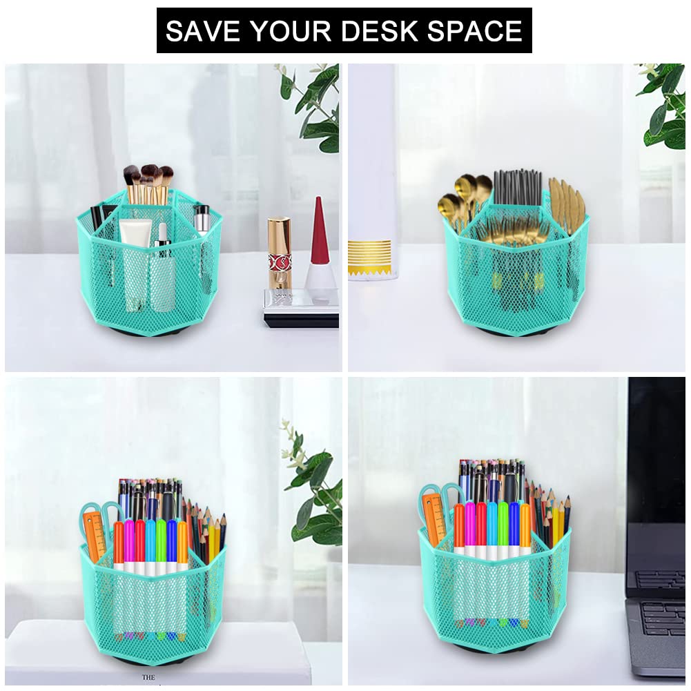 360° Rotating Pencil Holder with 5 Compartments & 10 Clips - Mesh Desk Organizer for Pens, Stationery & Office Supplies - Perfect for Home Office, School & Workspace Organization (Green)